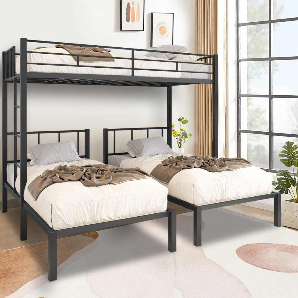 BTMWAY Metal Triple Bunk Bed Twin Over Twin&Twin for Kids, Modern Triple Bunk Bed with Guardrails and Ladder, Separable into 3 Platform Bed with Headboard, Black Twin Bed Frame for Boys Girls, A6555