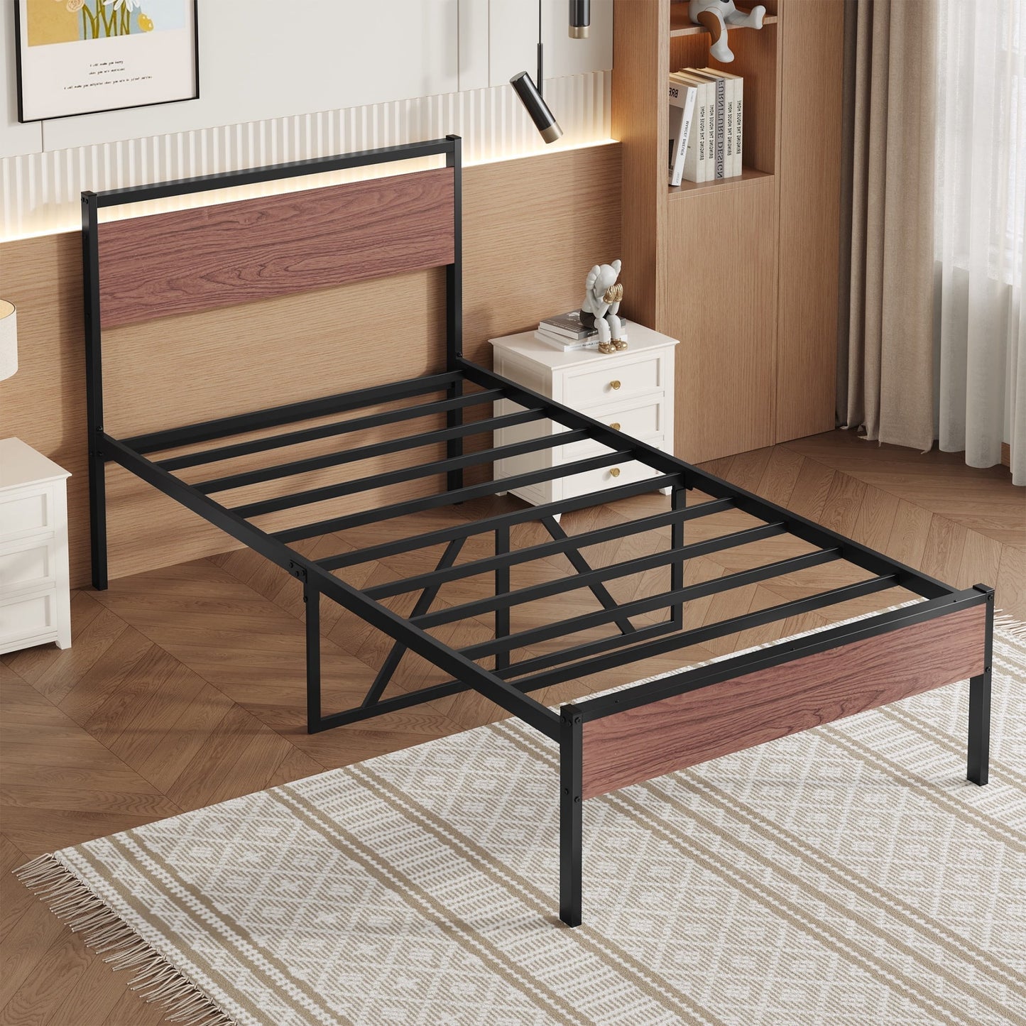 BTMWAY Twin Size Platform Bed Frame with Wood Headboard, No Box Spring Needed, Modern Bed Frame with Under-Bed Storage, Noise-Free Design, Easy Assembly, Sturdy Iron Slats, Black