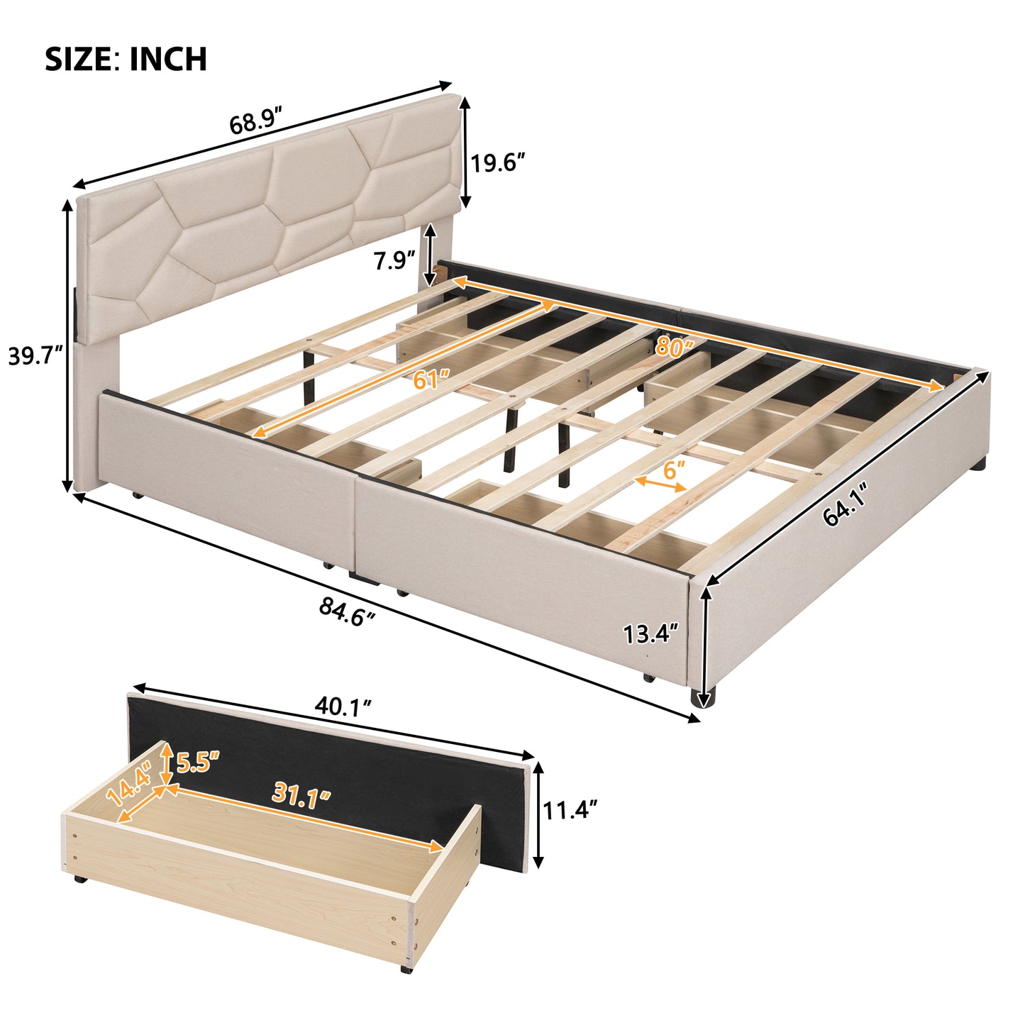 Queen Size Storage Bed with 4 Drawers, BTMWAY Queen Size Upholstered Platform Bed with Headboard Brick Pattern for Bedroom, Contemporary Storage Queen Bed Frame 4 Storage Drawers Bed, Beige