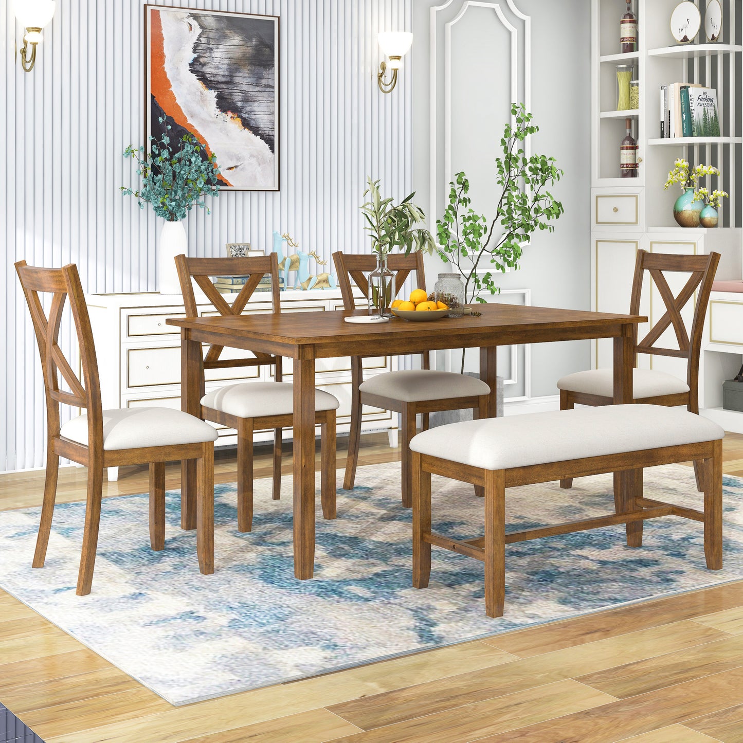 BTMWAY 6 Piece Dining Table Set with Bench