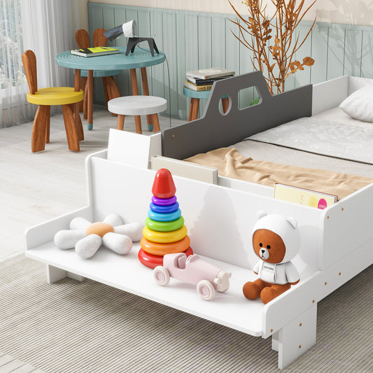 Twin Size Car-Shaped Bed, BTMWAY Wood Car Platform Bed with Bed-end Bench for Boys and Girls, Wood Twin Bed Toddler Bed with Safety Rail Fence, Slatted Support, No Box Spring Needed