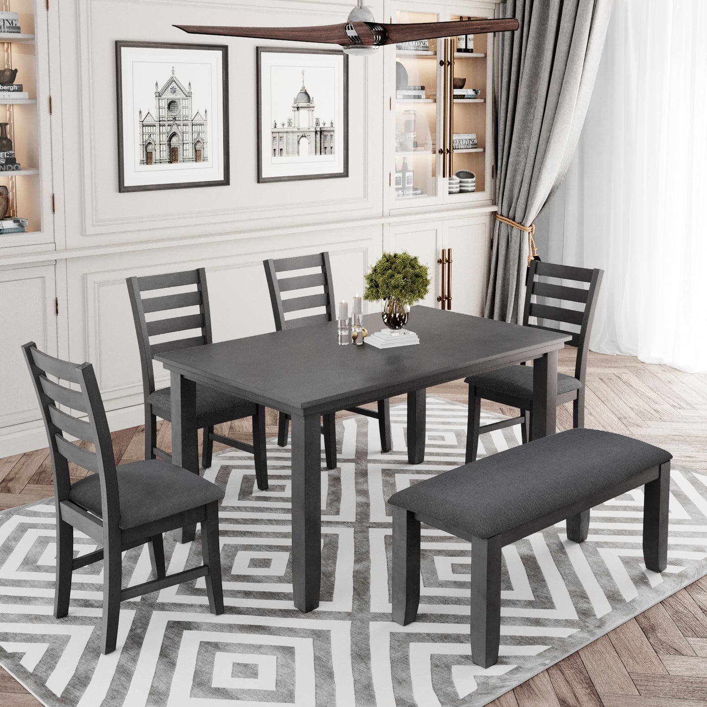 BTMWAY 6 Piece Dining Table Set with Bench