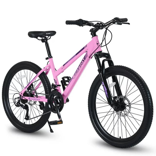 24 inch/26 inch Mountain Bike for Women Girl, 21 Speed Hardtail Adult Bicycle with Dual Disc Brake, 100mm Front Suspension, Ergonomic Steel Frame, High-Quality Tires Bicicleta de Montaña-Pink