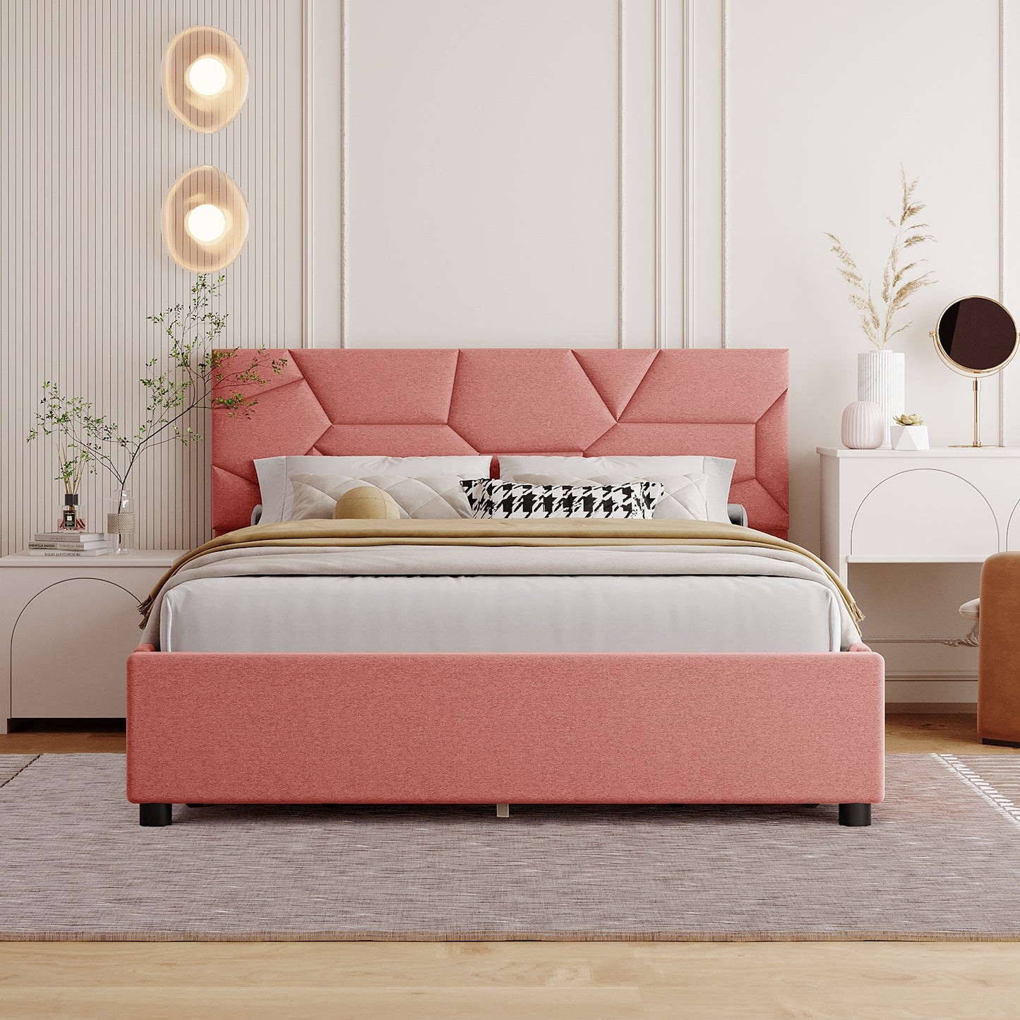 Full Size Storage Bed with 4 Drawers, BTMWAY Full Size Upholstered Platform Bed with Headboard Brick Pattern for Bedroom, Contemporary Storage Full Bed Frame 4 Storage Drawers Bed, Pink