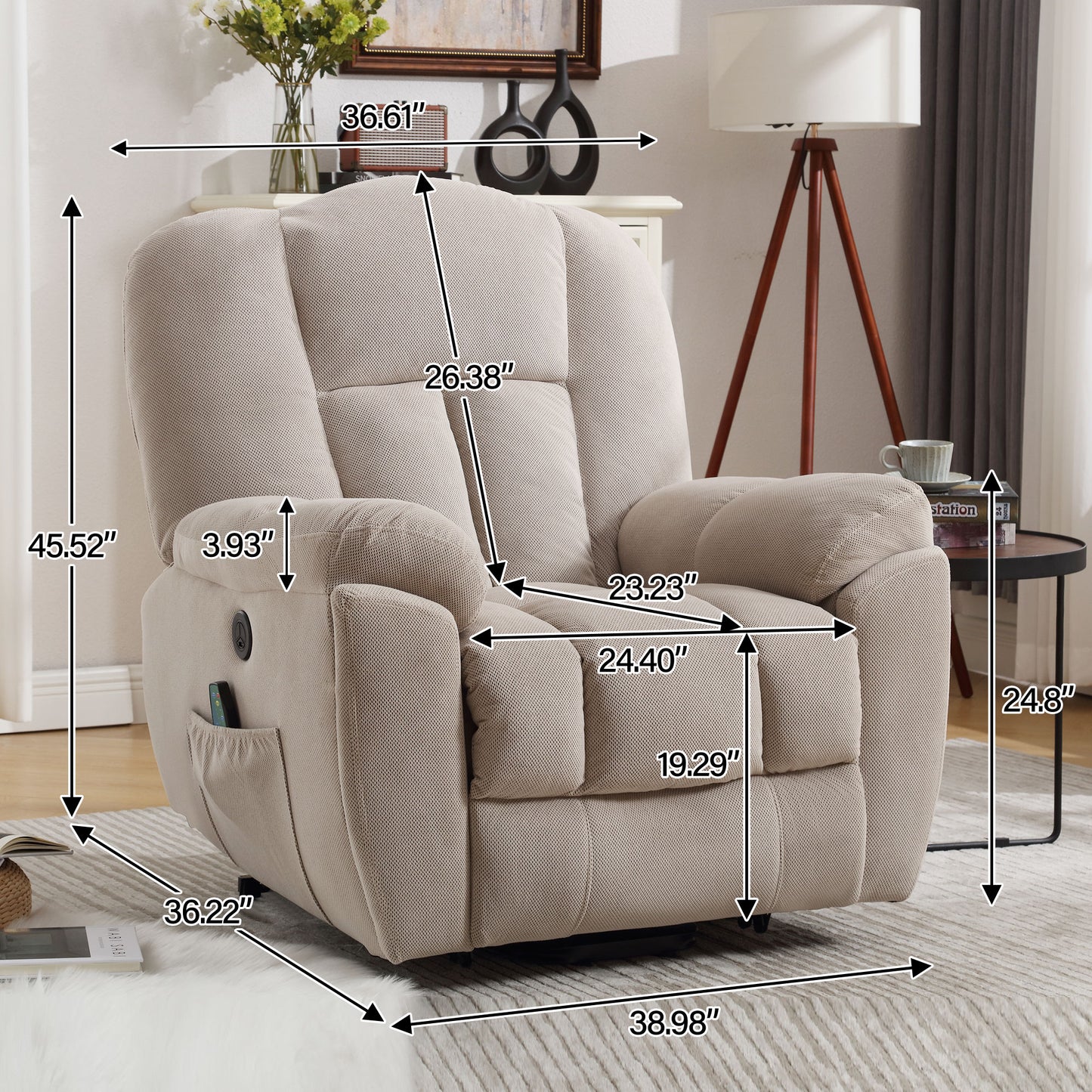 24.4" Wide Large Power Lift Recliner Chair, BTMWAY Oversize Electric Lift Recliners for Elderly with Heat and Massage, 3 Position Electric Recliner Chair for Home Use with Hidden Cup Holder, Beige
