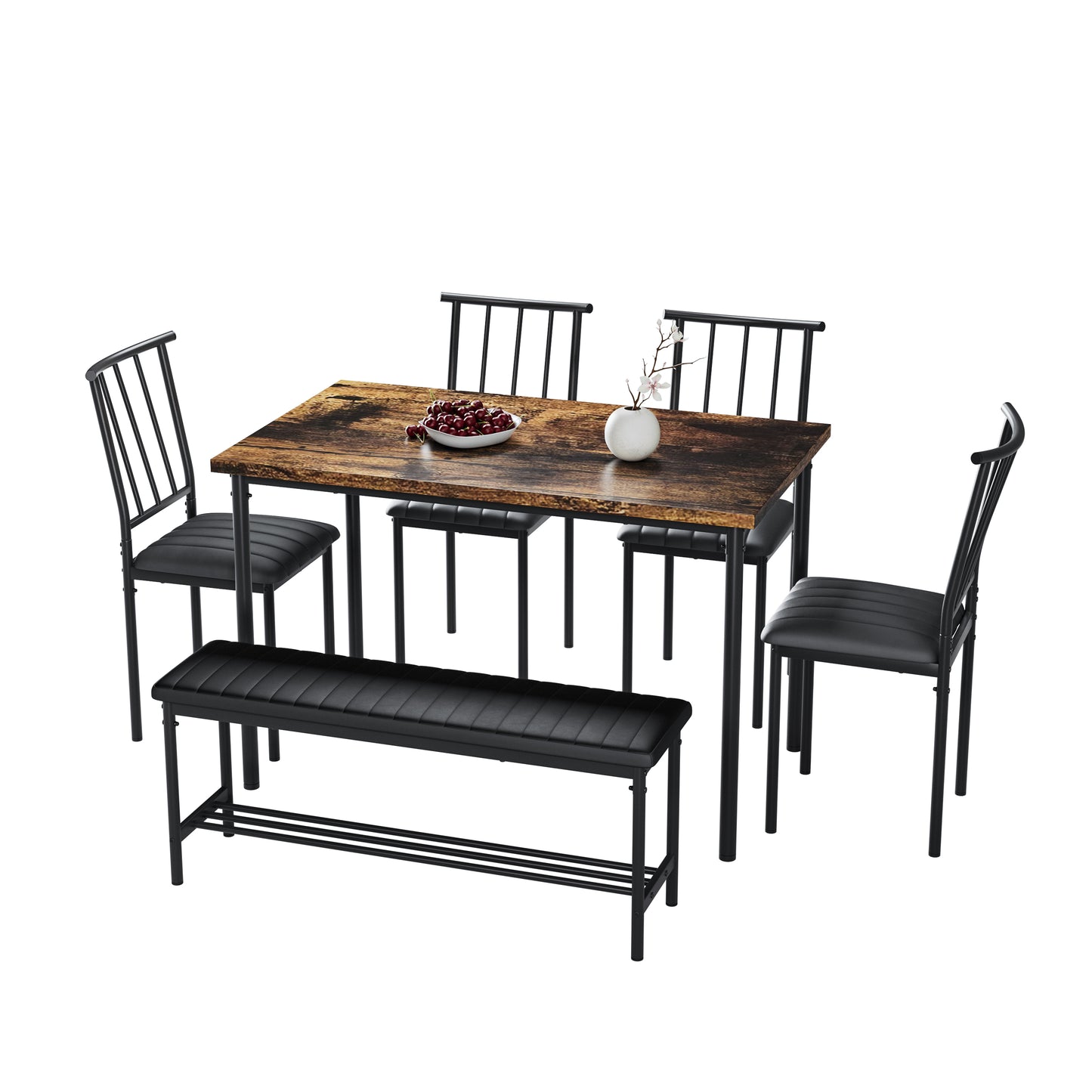 Dining Room Set for 6, Industrial 6 Piece Dining Set with Bench, Kitchen Dining Set with Upholstered Chairs and Bench, Dining Set with Storage Rack for Dining Room, Kitchen and Apartment, Brown