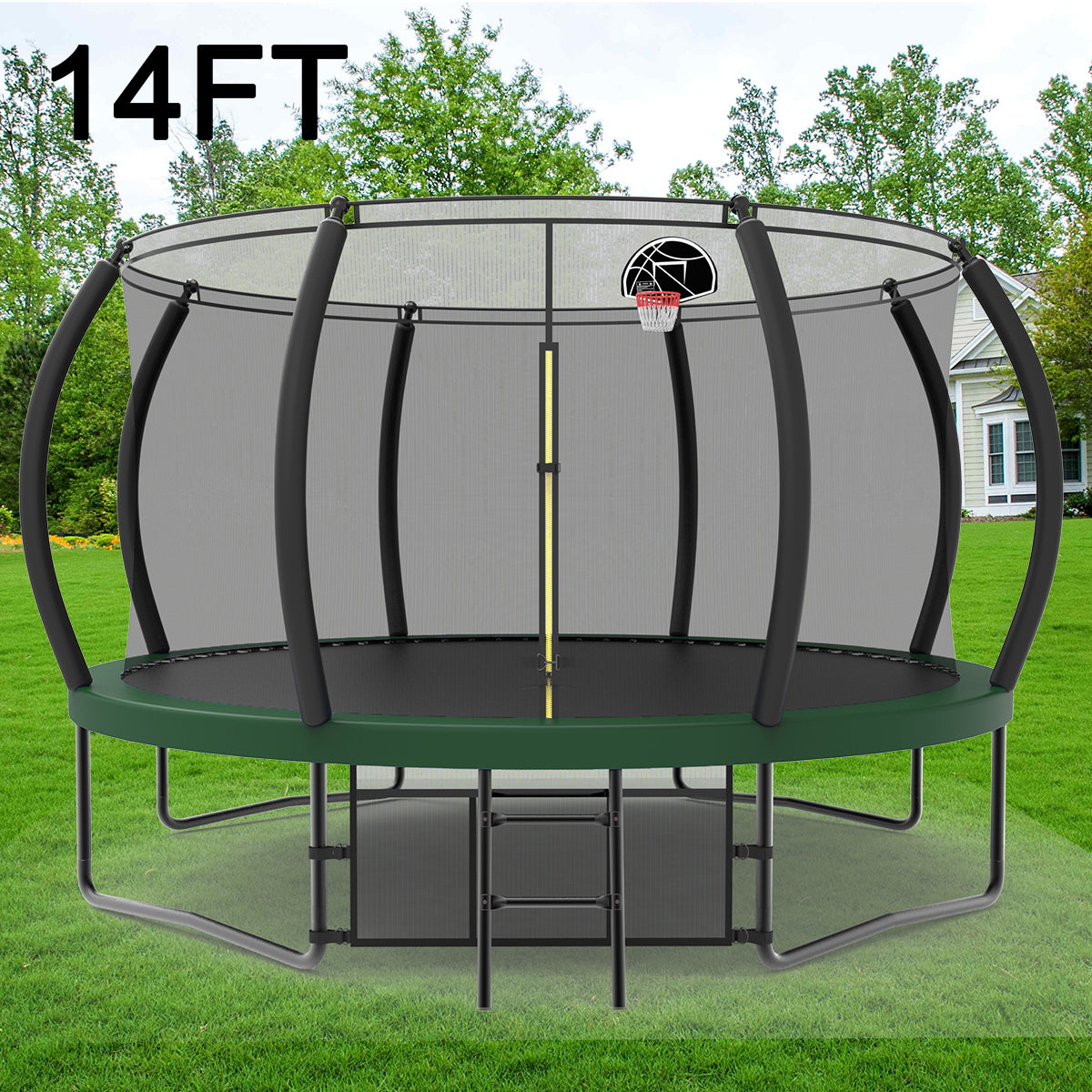 14 Foot Trampoline with Basketball Hoop, Kids Adults 1320LBS Trampoline Outdoor with Safety Enclosure Net, Heavy Duty Jumping Mat & Spring Cover Padding, Kids Christmas Gifts, ASTM Approved-Green
