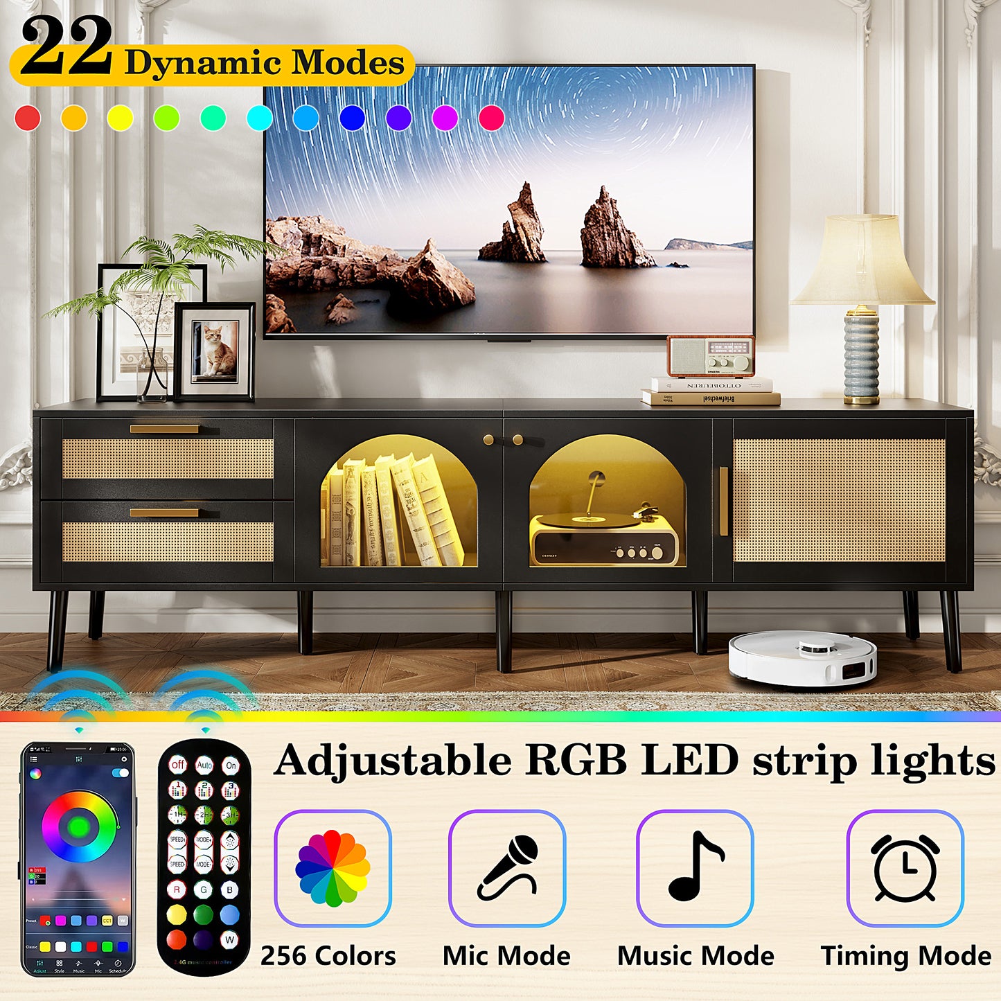 Rattan TV Stand for TVs up to 85", BTMWAY TV Stand, Modern Farmhouse Entertainment Center for TVs, Media Console with 2 Storage Drawer and Solid Wood Legs, TV Cabinet with Storage