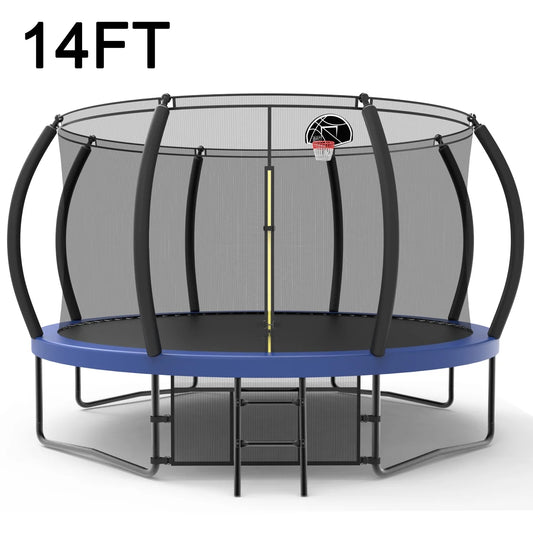 14 FT Trampoline with Basketball Hoop, Outdoor Trampoline with Safety Enclosure Net, Heavy Duty Jumping Mat Spring Cover Padding, Backyard Trampoline for Kids & Adults 1320LBS, ASTM Approved-Blue