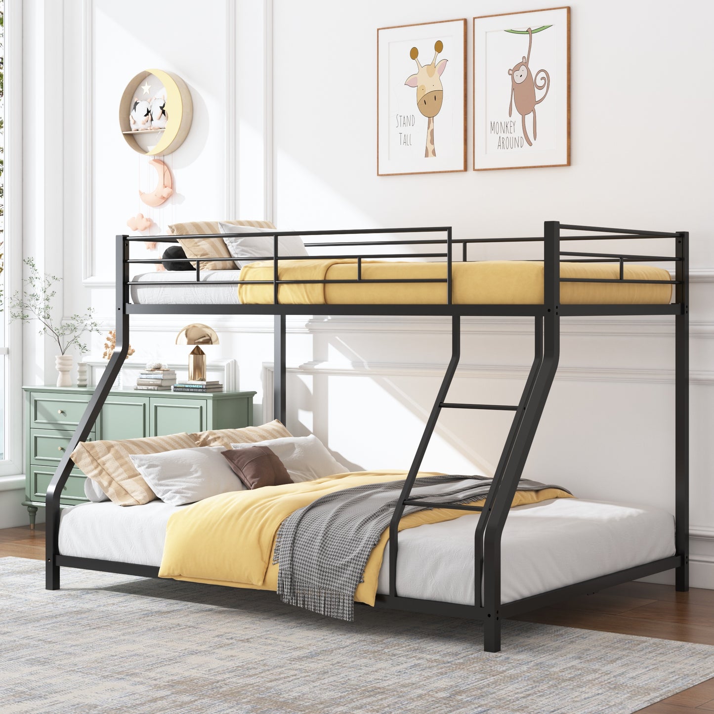 Bunk Bed for Kids&Teens, BTMWAY Heavy-duty Twin-Over-Full Bunk Bed, Metal Bed Frame with Ladder&Safety Guardrail, Twin Over Full Size Bunk Beds Bunkbeds Frame for Kids Boys Girls, Black, A1248