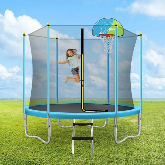 8ft Kids Trampoline Outdoor, Backyard Trampolines for Families, Ideal Outdoor Kids Play Equipment, Recreational Trampoline with Net, Basketball Hoop and Ladder, Easy to assemble round trampoline