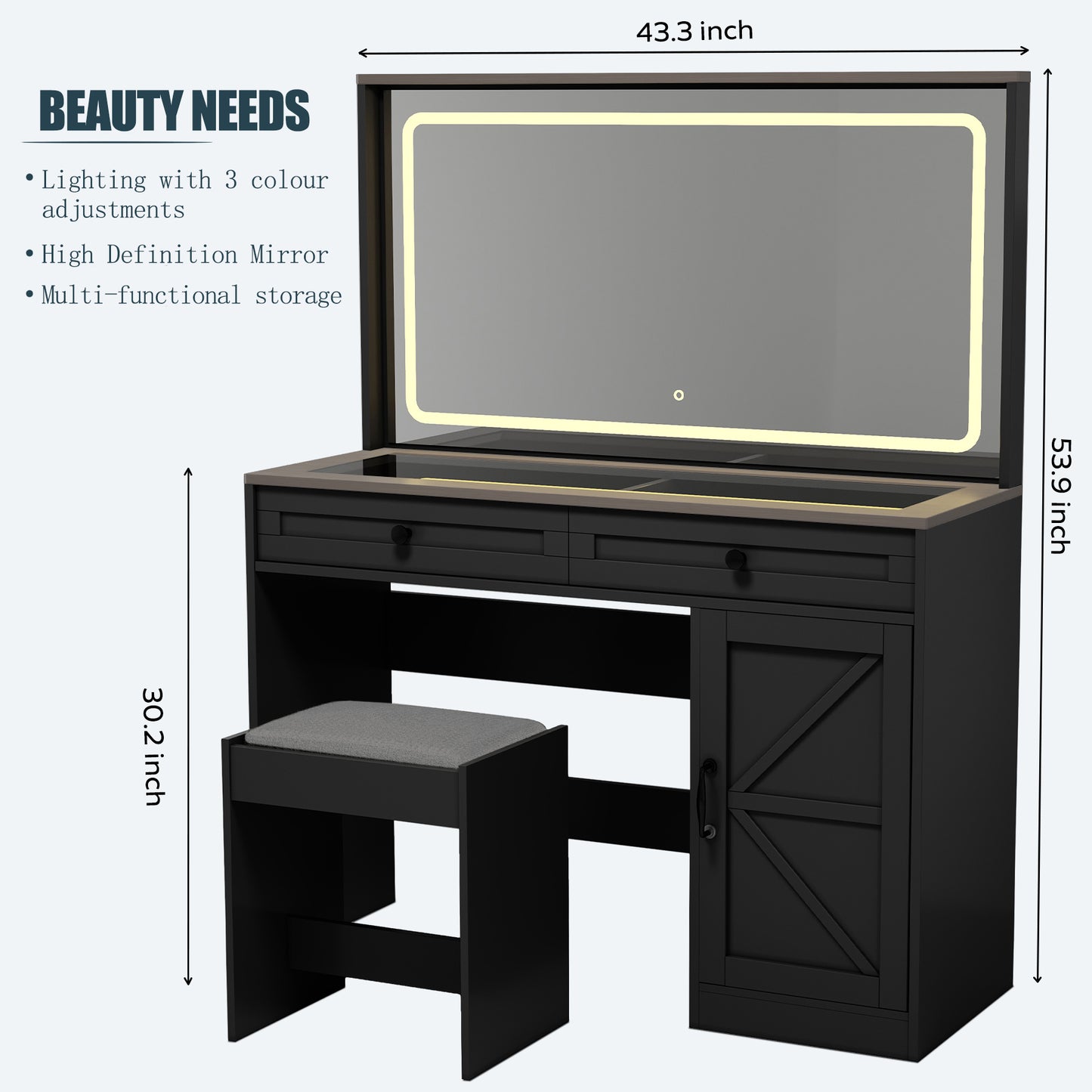 BTMWAY 43.3" Vanity Desk with Large Mirror and LED Lights, 3 Lighting Modes, Black Makeup Vanity Table with Glass Top, Makeup Vanity Desk with 3 Drawers and stool for Women