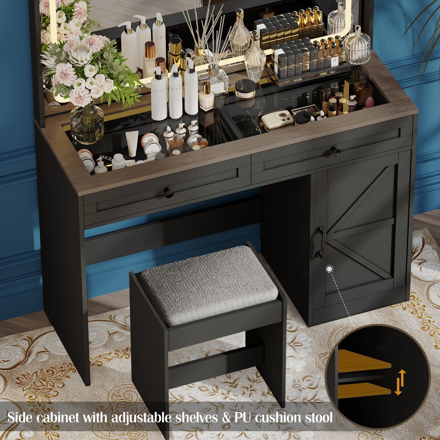 BTMWAY 43.3" Vanity Desk with Large Mirror and LED Lights, 3 Lighting Modes, Black Makeup Vanity Table with Glass Top, Makeup Vanity Desk with 3 Drawers and stool for Women