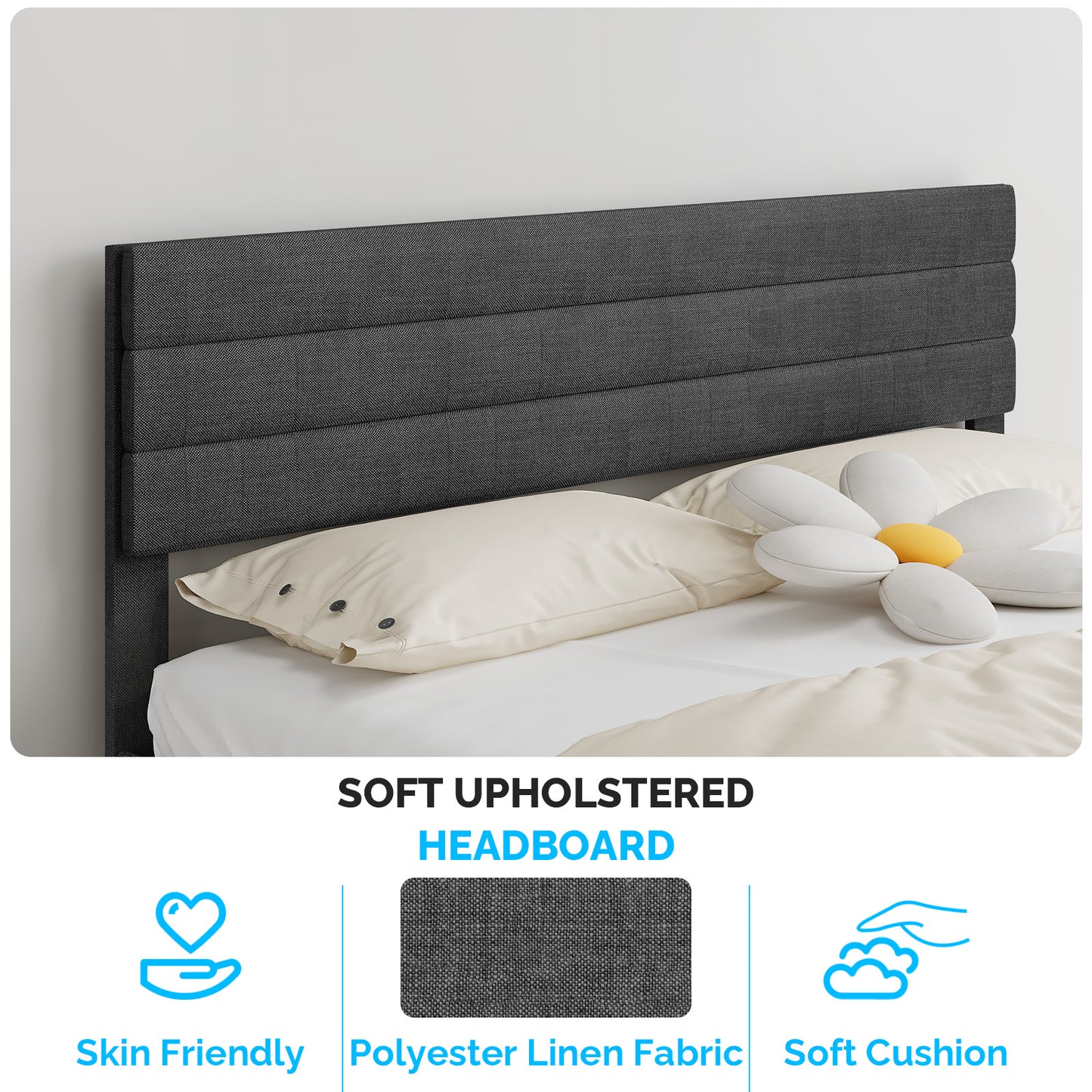 King Bed with Adjustable Headboard, King Size Linen Upholstered Platform Bed Frame with 800lbs Support, No Box Spring Needed, Wood Slat Support, Noise Free, Gray