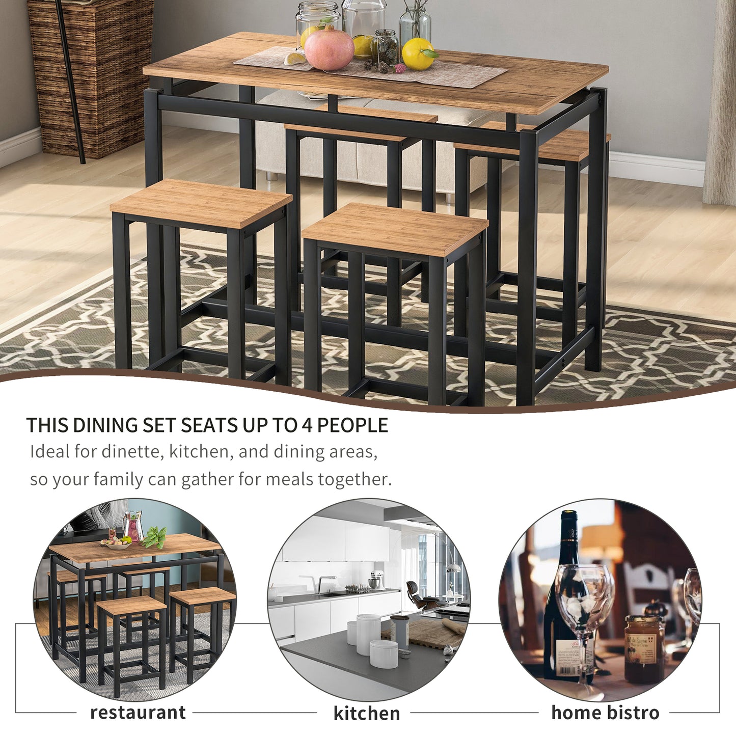 Counter Height Kitchen Table Set with Chairs, Contemporary Bar Table and Stools Set, Brown Metal Dining Room Table and Chairs Set, Pub Dining Set, Breakfast Nook Set for Living Room Bistro
