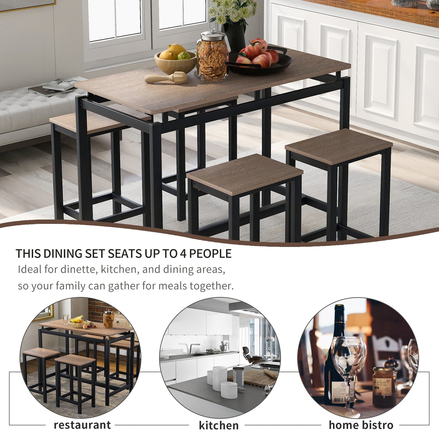 Metal Dining Set for 4, BTMWAY Counter Height Dining Room Table and Chairs Set for Kitchen, High Top Bar Bistro Pub Table Set with 4 Stools, Breakfast Nook Dining Table Set