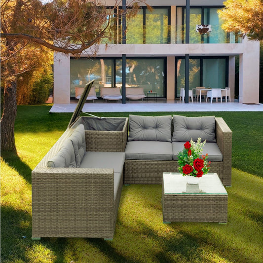 4 Piece Patio Sectional Wicker Rattan Outdoor Furniture Sofa Set with Storage Box