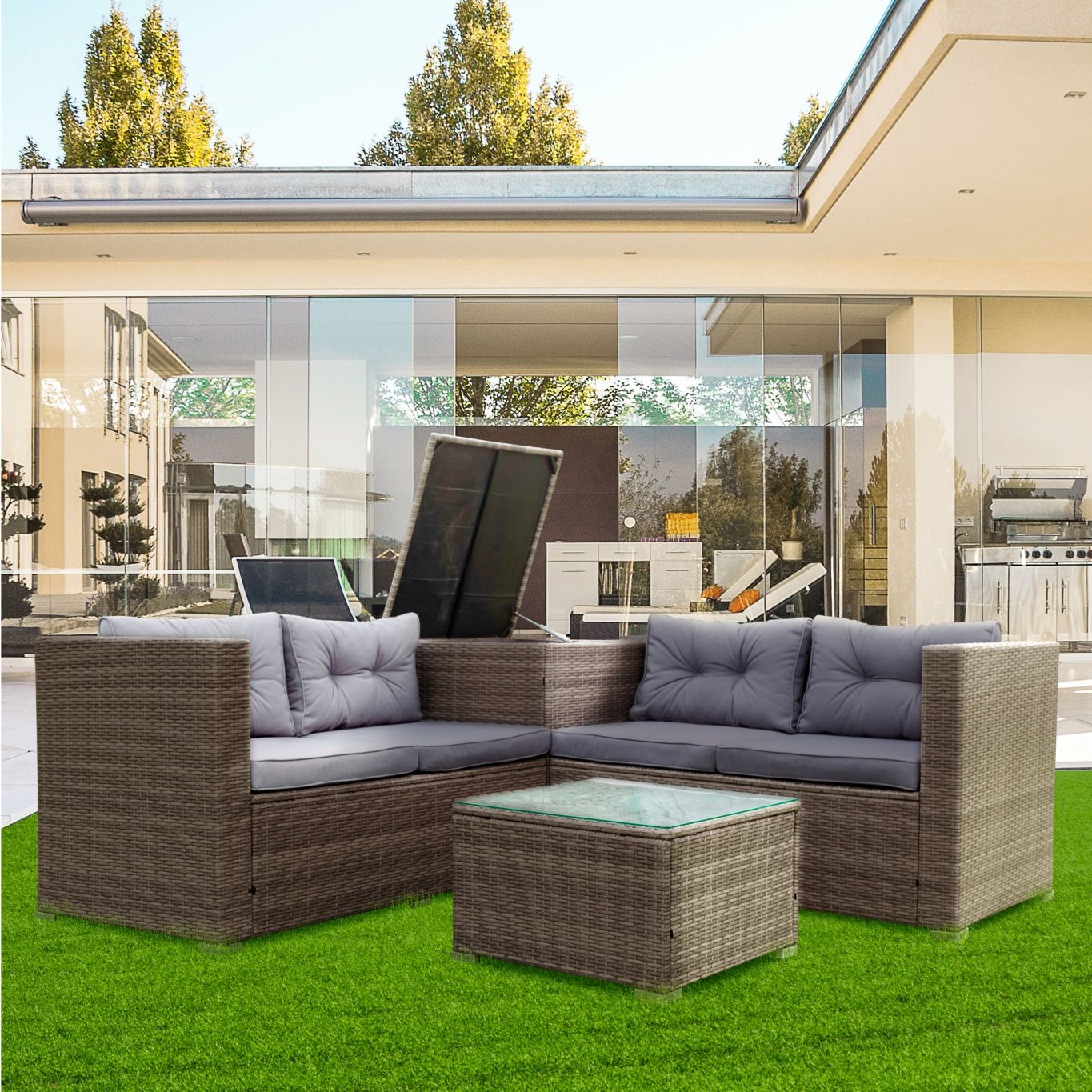 4 Piece Patio Sectional Wicker Rattan Outdoor Furniture Sofa Set with Storage Box