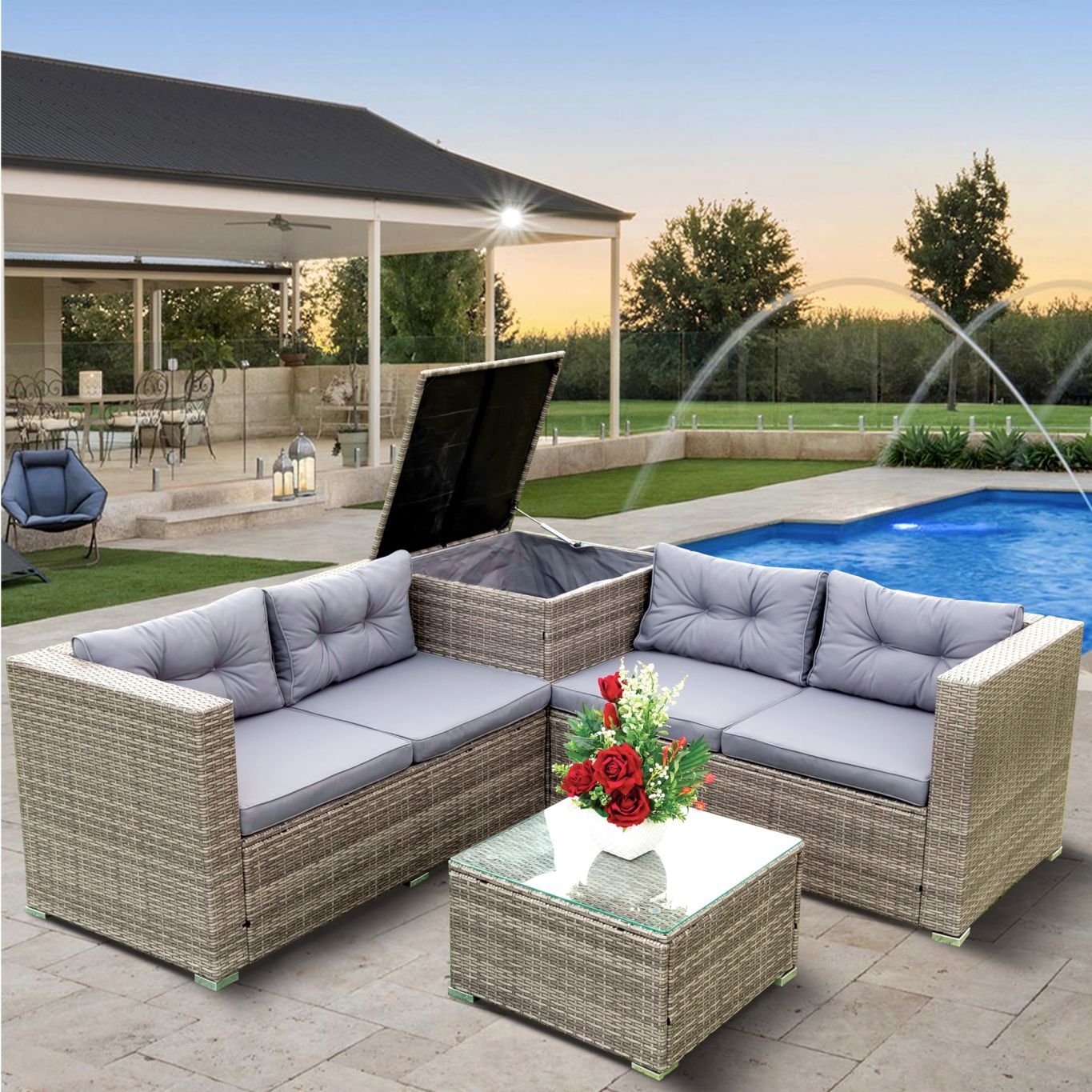 4 Piece Patio Sectional Wicker Rattan Outdoor Furniture Sofa Set with Storage Box