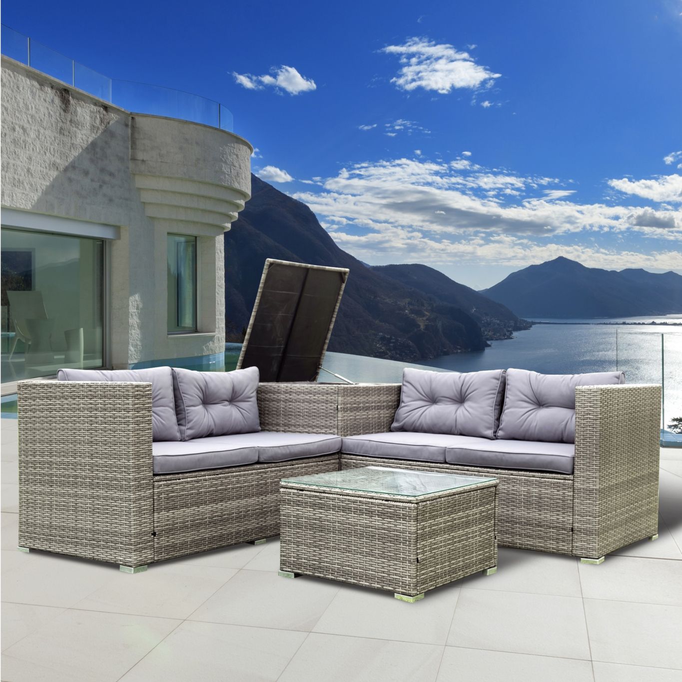 4 Piece Patio Sectional Wicker Rattan Outdoor Furniture Sofa Set with Storage Box