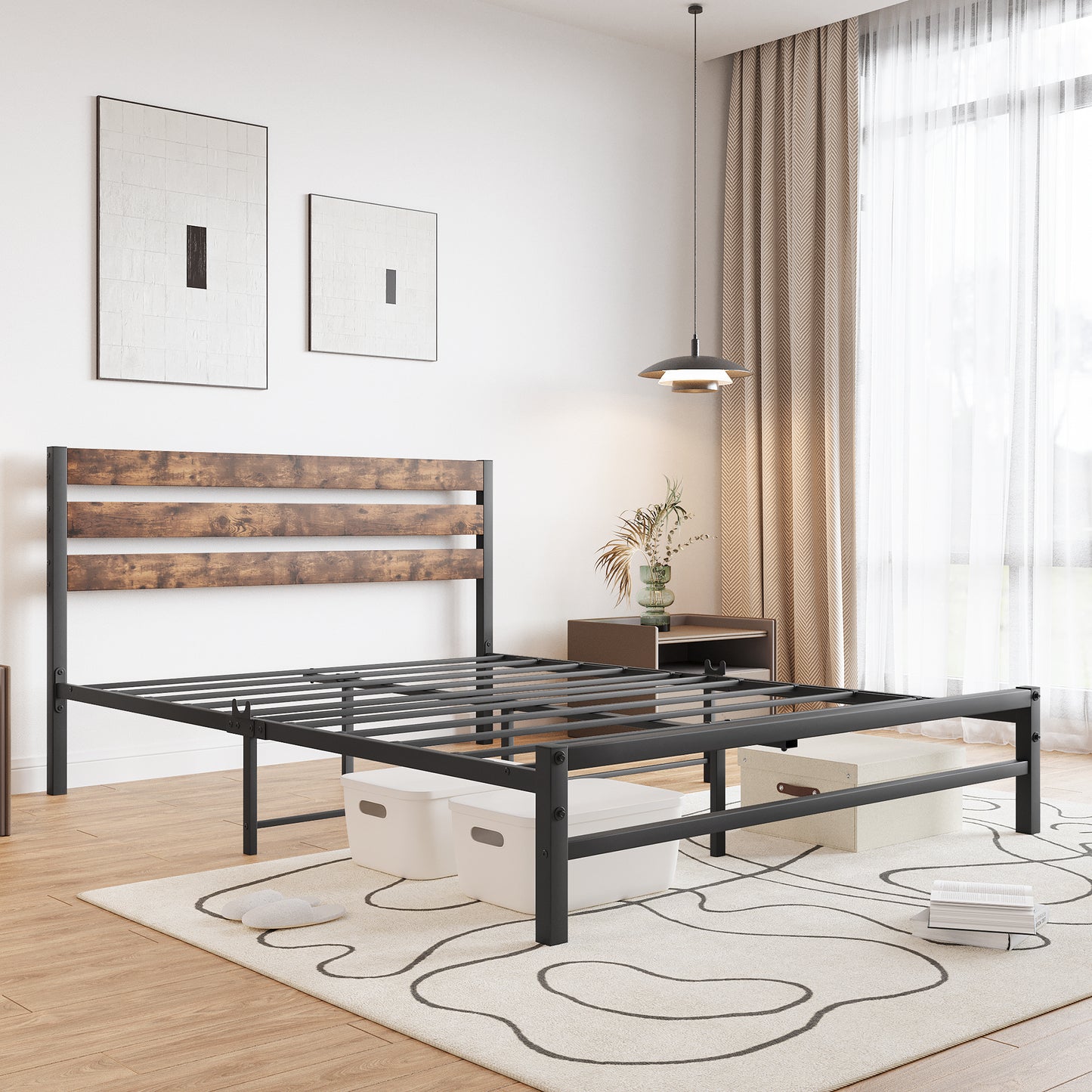 Twin Platform Bed for Adults, Contemporary Metal Platform Bed with Headboard, Twin Bed Slats Support, No Box Spring Needed, 300LBS Weight Capacity, Modern Bedroom Furniture