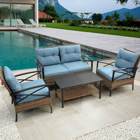 BTMWAY Patio 4 piece sectional low dining conversation sofa set- KD rattan wicker outdoor garden furniture corner sofa set with cushion.