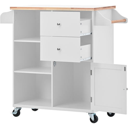 Kitchen Cart with Wheels, HSUNNS Wood Top Kitchen Island Cart with Storage Drawers|Open Shelves|Spice Rack|Towel Rack, Rolling Kitchen Cabinet Trolley Cart, White