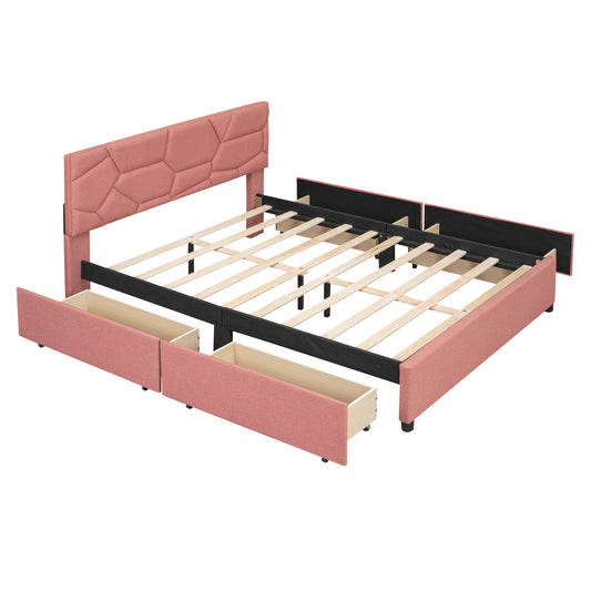 Full Size Storage Bed with 4 Drawers, BTMWAY Full Size Upholstered Platform Bed with Headboard Brick Pattern for Bedroom, Contemporary Storage Full Bed Frame 4 Storage Drawers Bed, Pink