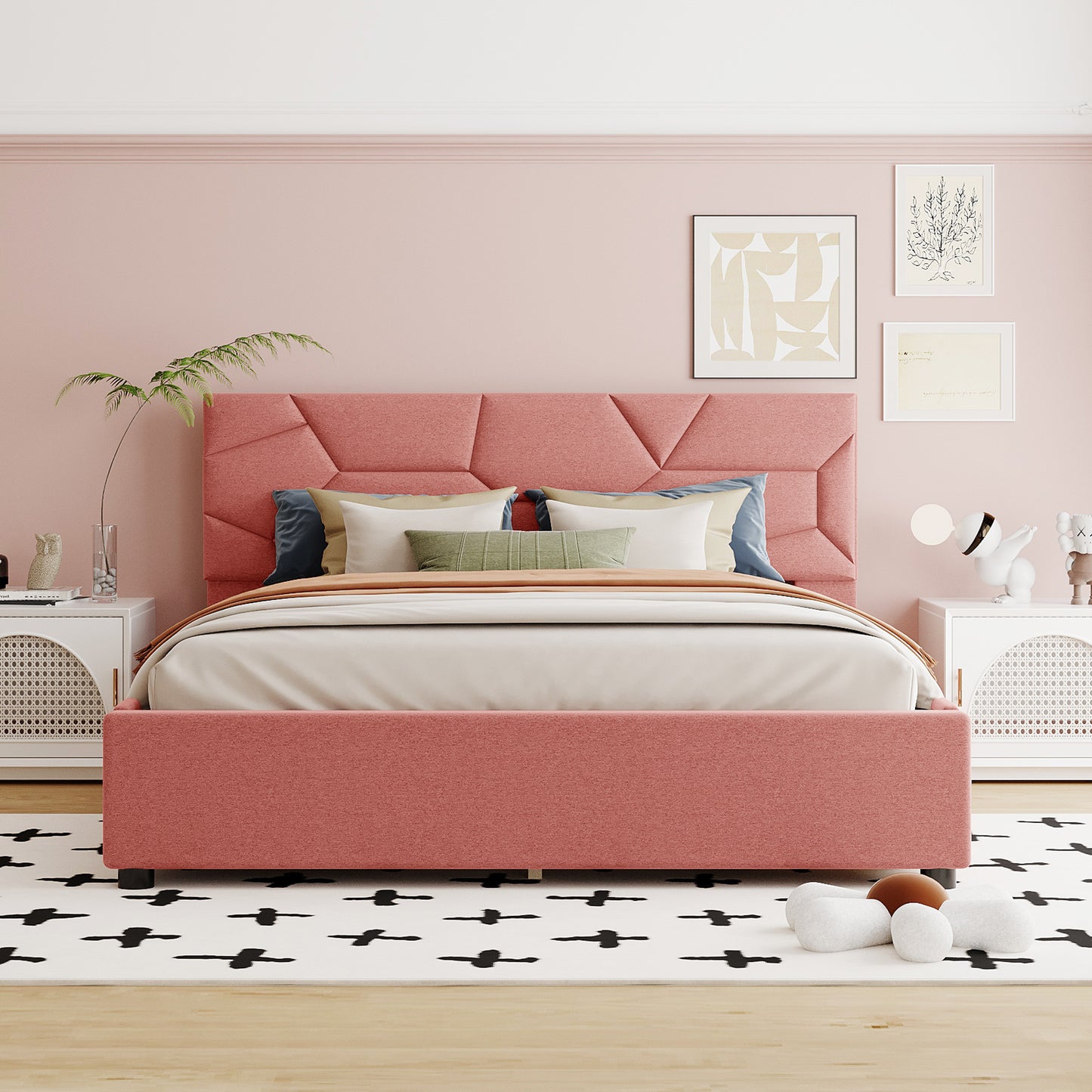 Full Size Storage Bed with 4 Drawers, BTMWAY Full Size Upholstered Platform Bed with Headboard Brick Pattern for Bedroom, Contemporary Storage Full Bed Frame 4 Storage Drawers Bed, Pink