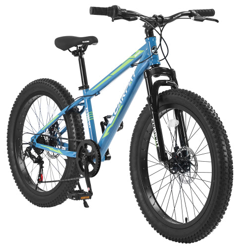 24 inch Fat Tire Bike, Adult/Youth Mountain Bike with 3" Wide Tire, Shimano 7 Speeds, Dual Disc Brake, Fat Tire Bicycles for Men with High-Carbon Steel Frame, Front Suspension, Multiple Colors