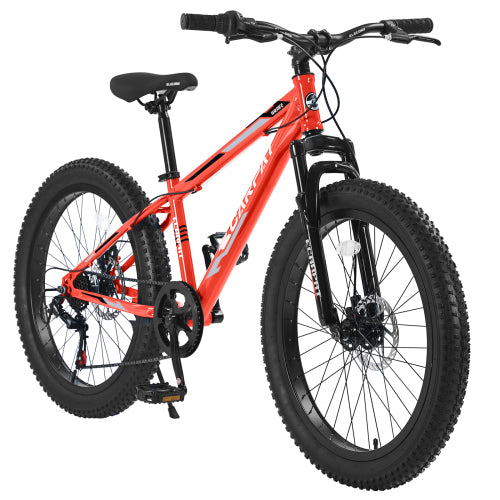 24 inch Fat Tire Bike, Adult/Youth Mountain Bike with 3" Wide Tire, Shimano 7 Speeds, Dual Disc Brake, Fat Tire Bicycles for Men with High-Carbon Steel Frame, Front Suspension, Multiple Colors