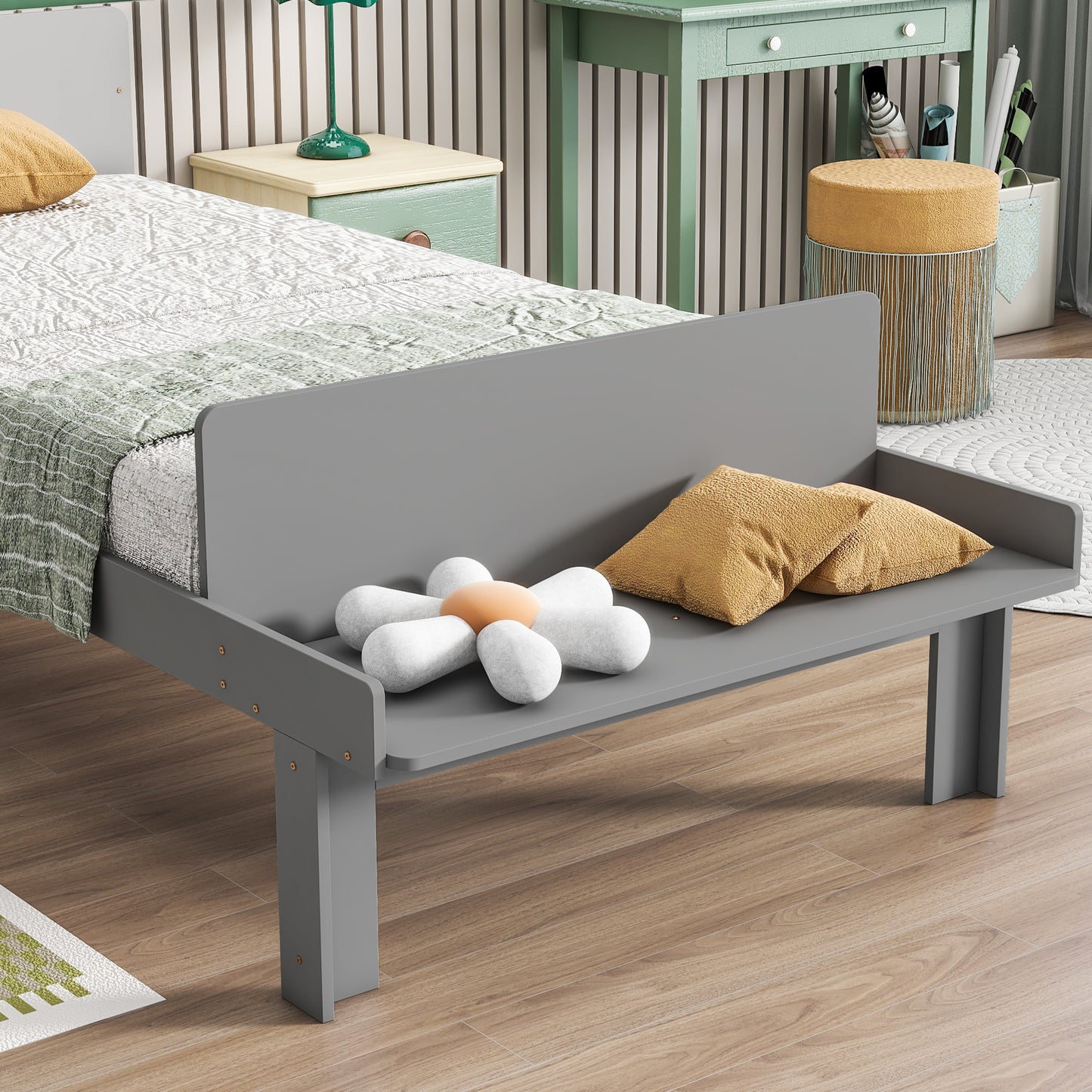 Kids Twin Size Bed, BTMWAY Twin Size Wood Platform Bed Frame with Footboard Bench, Wood Bed Frame for Kids, Modern Twin Platform Bed with Headboard and Slat Support