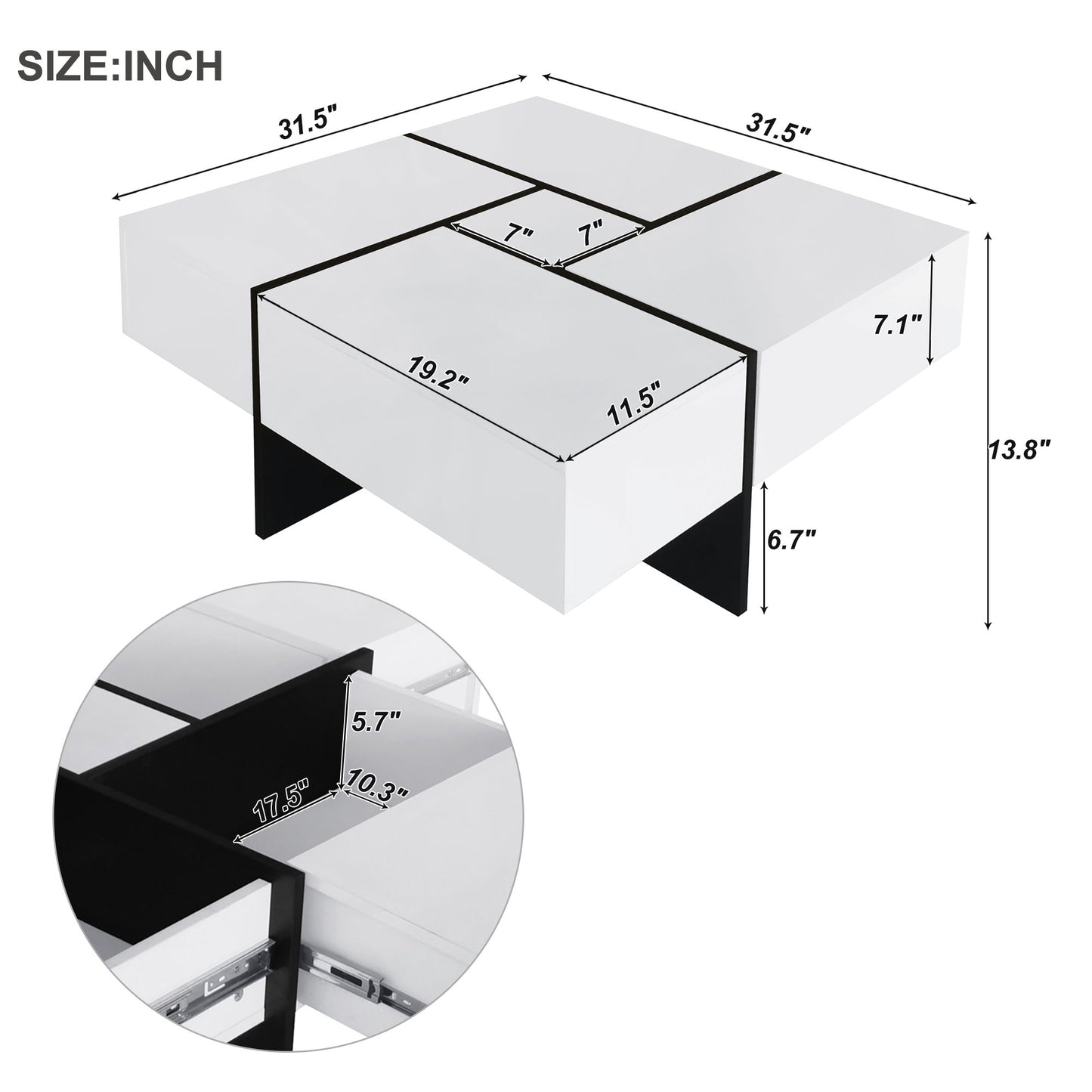 BTMWAY Modern Coffee Table with 4 Hidden Storage Compartments - White Square Cocktail Table with Extendable Sliding Tabletop, UV High-Gloss Design for Living Room, 31.5"x 31.5"