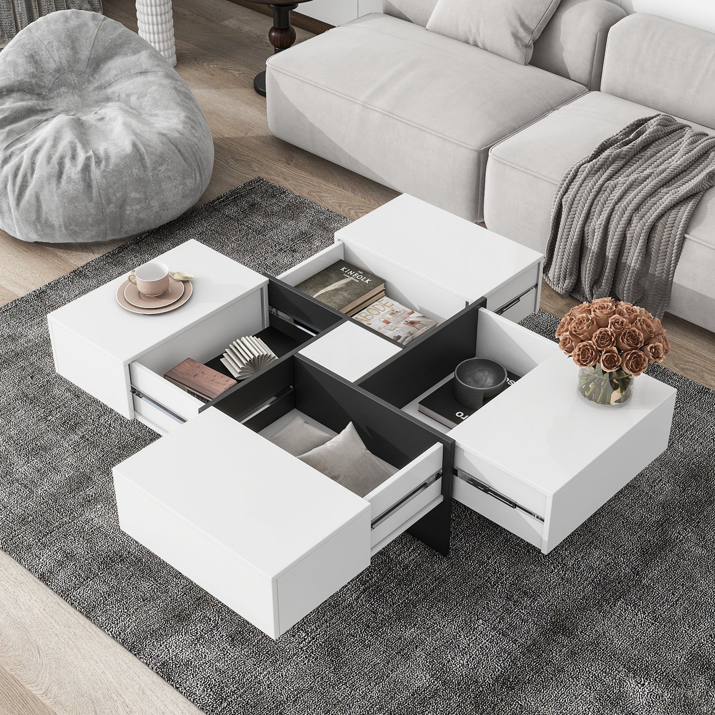 BTMWAY Modern Coffee Table with 4 Hidden Storage Compartments - White Square Cocktail Table with Extendable Sliding Tabletop, UV High-Gloss Design for Living Room, 31.5"x 31.5"