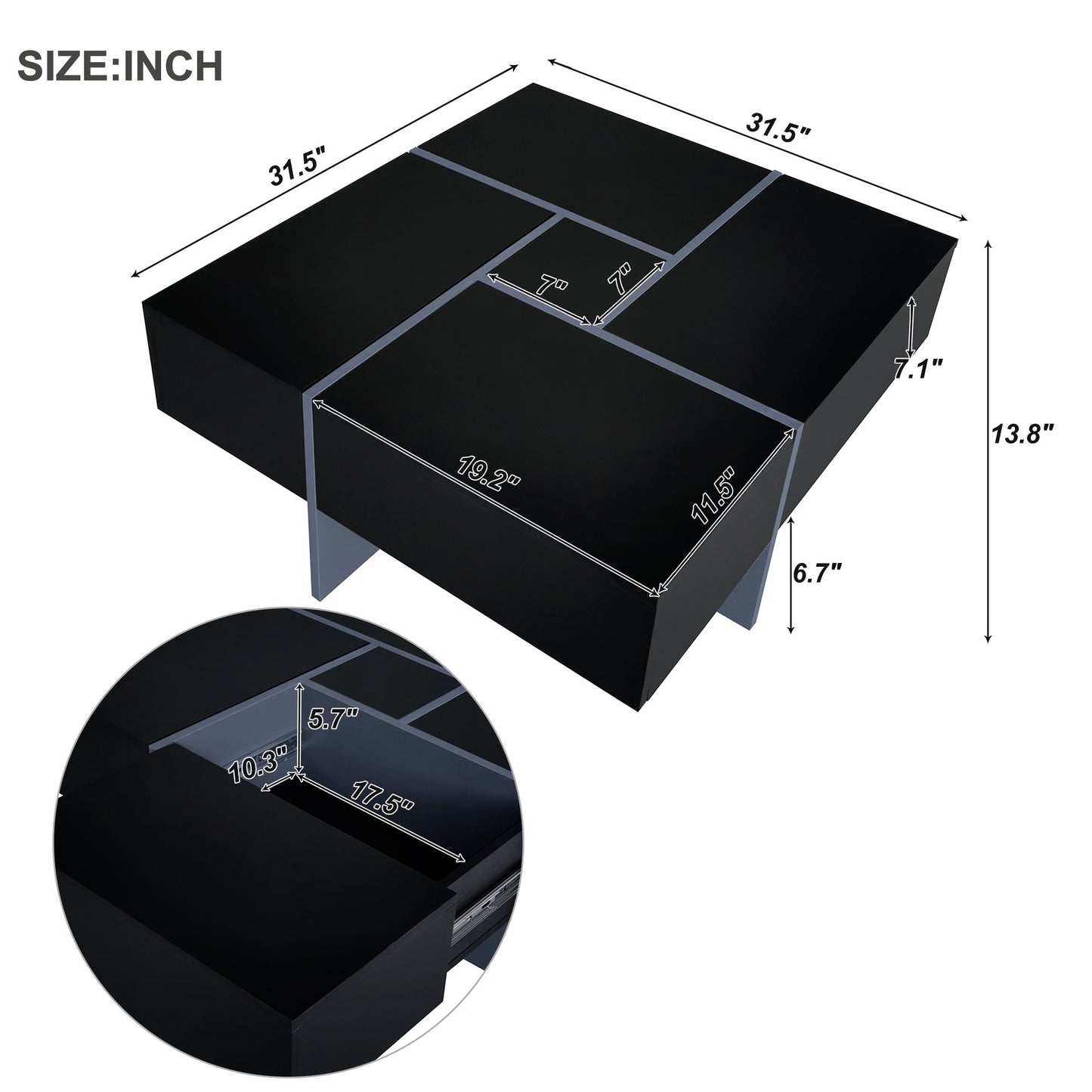 BTMWAY Modern Coffee Table with 4 Hidden Storage Compartments - Black Square Cocktail Table with Extendable Sliding Tabletop, UV High-Gloss Design for Living Room, 31.5"x 31.5"