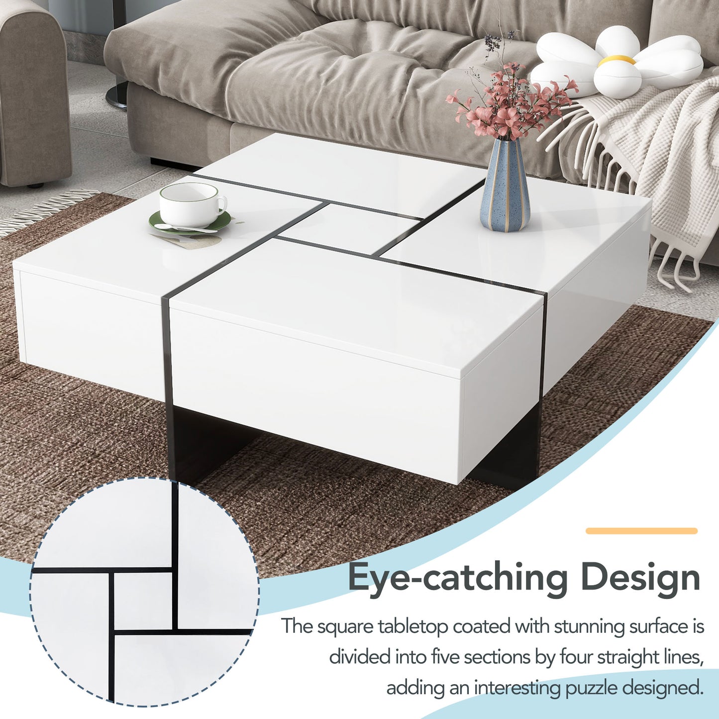 BTMWAY Modern Coffee Table with 4 Hidden Storage Compartments - White Square Cocktail Table with Extendable Sliding Tabletop, UV High-Gloss Design for Living Room, 31.5"x 31.5"