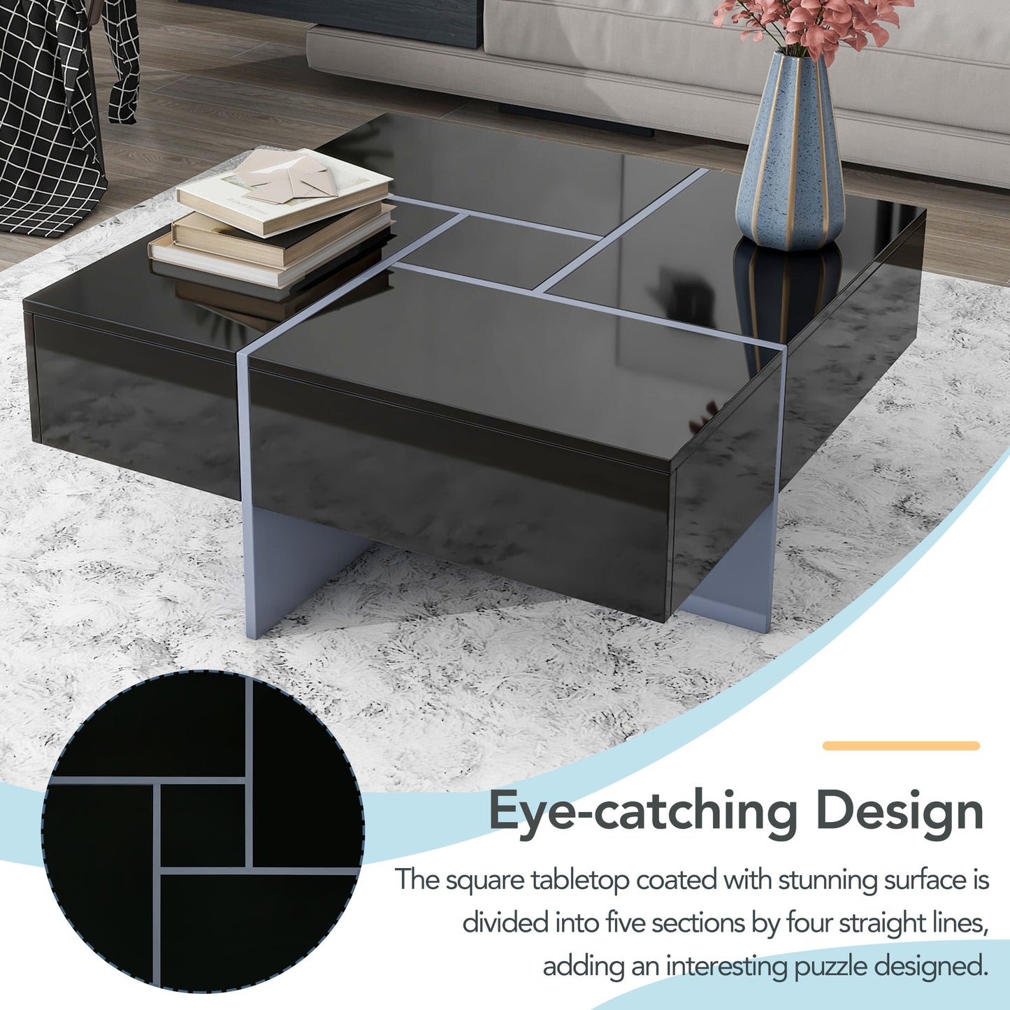 BTMWAY Modern Coffee Table with 4 Hidden Storage Compartments - Black Square Cocktail Table with Extendable Sliding Tabletop, UV High-Gloss Design for Living Room, 31.5"x 31.5"