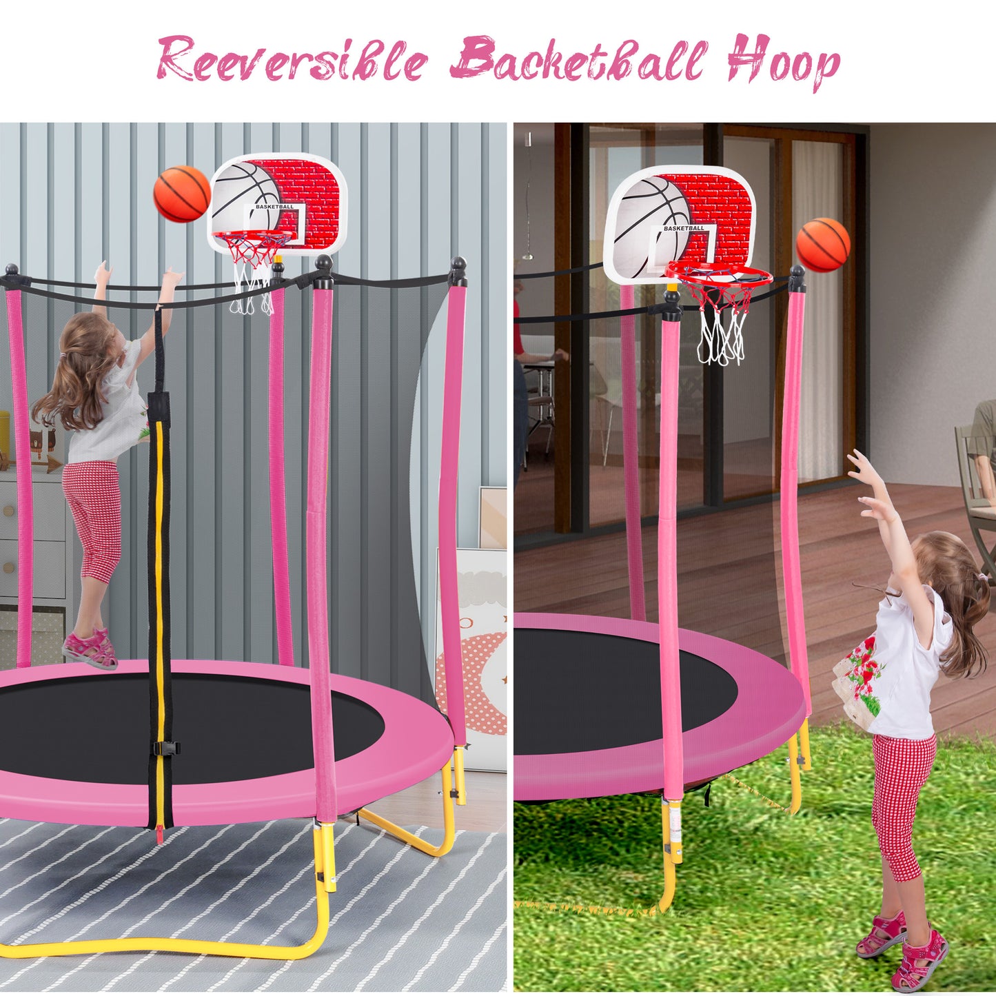 5.5FT Trampoline for Kids - 65" Outdoor & Indoor Mini Toddler Trampoline with Enclosure, Basketball Hoop and Ball Included