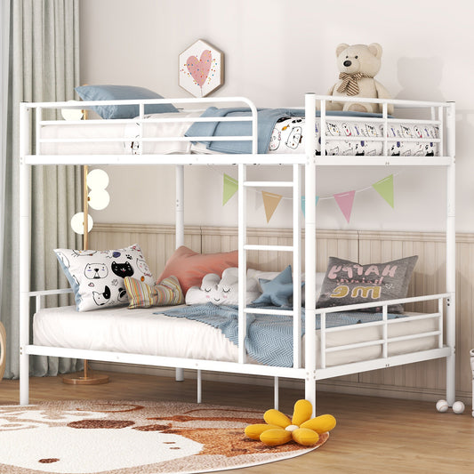 Full over Full Bunk Beds, BTMWAY Metal Bunk Beds Full Over Full Size, Full Size Convertible Bunk Beds for Kids Teens Adults, with Ladder and Safety Guardrails, Load-Bearing 350lbs, Noise-Free, White