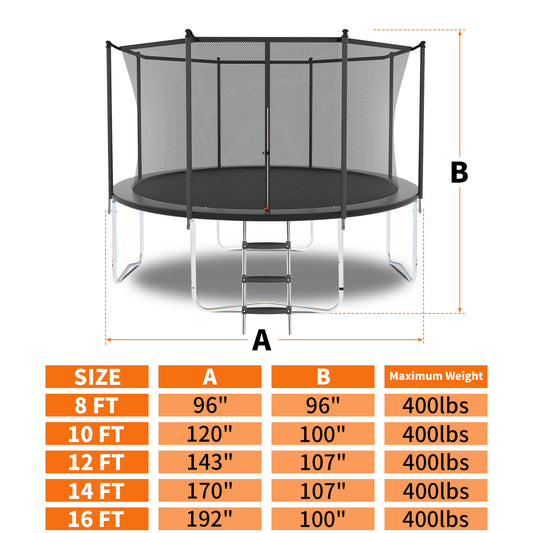 Black Trampoline with Safety Enclosure Net, different dimensions