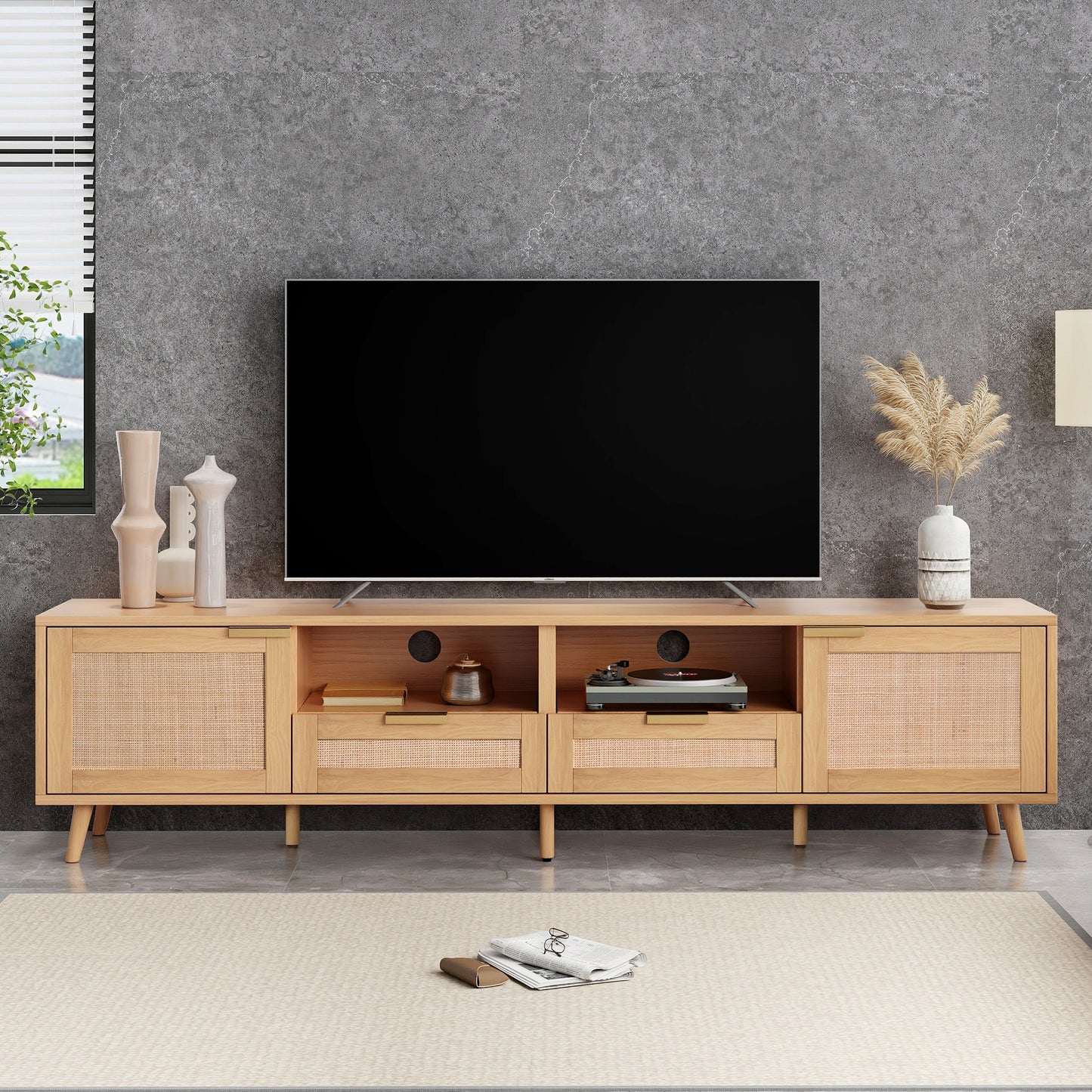 Rattan TV Stand for TVs up to 85", BTMWAY TV Stand, Modern Farmhouse Entertainment Center for TVs, Media Console with 2 Storage Drawer and Solid Wood Legs, TV Cabinet with Storage