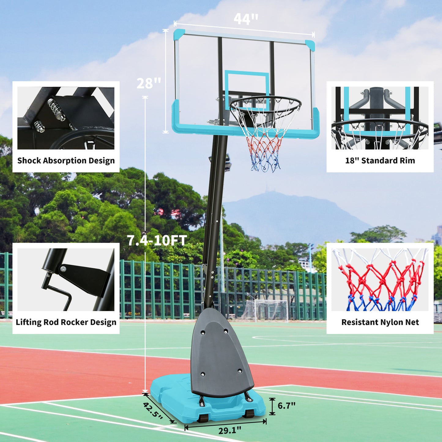 44 Inch Portable Basketball Hoop, 7.5-10ft Height Adjustable Basketball Goal for Kids/Adults Indoor Outdoor, Youth Teenagers Backboard with High-quality materials, Stable Base and Wheels