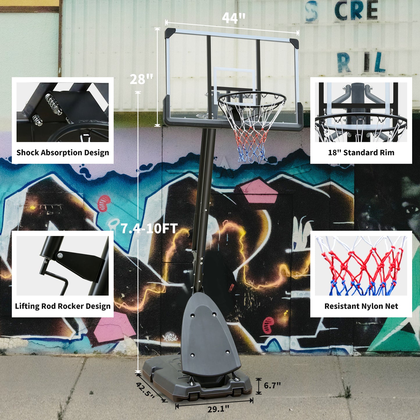 44 Inch Portable Basketball Hoop, 7.5-10ft Height Adjustable Basketball Goal for Kids/Adults Indoor Outdoor, Youth Teenagers Backboard with High-quality materials, Stable Base and Wheels