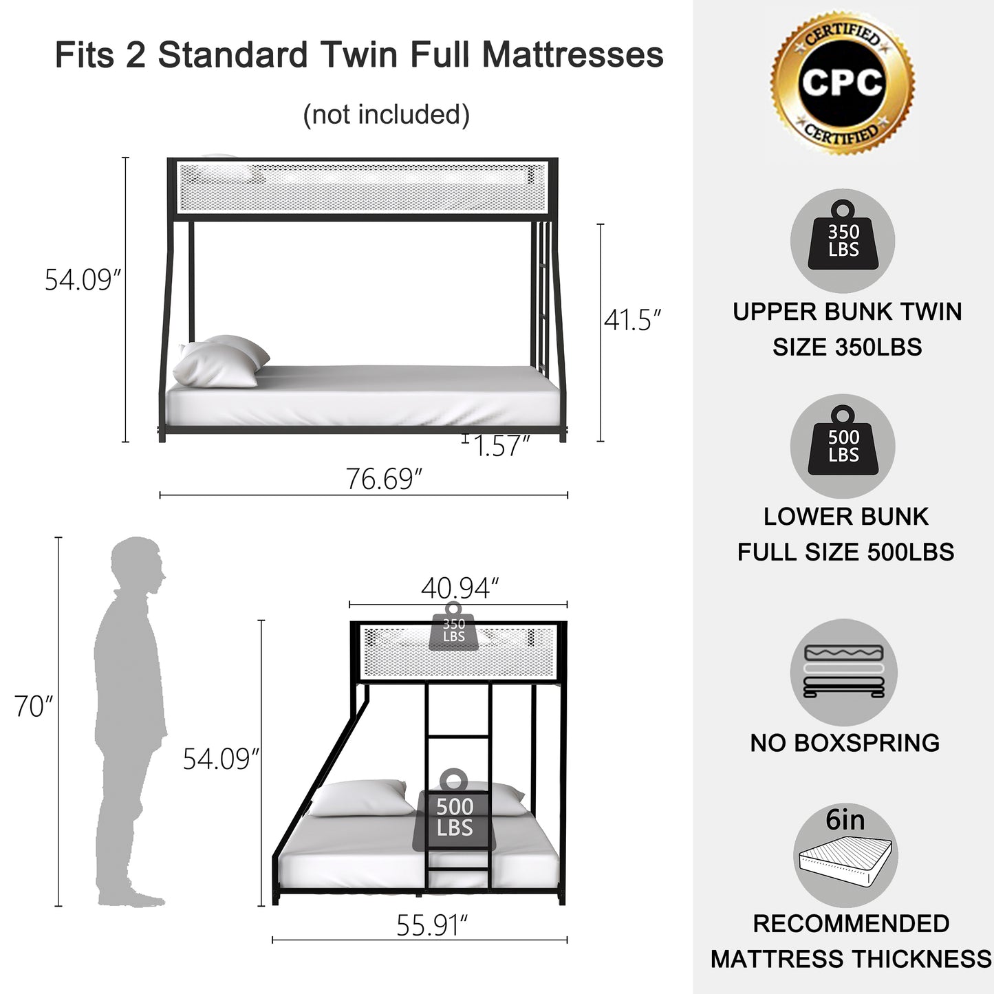 BTMWAY Metal Twin Over Full Bunk Bed with Removable Ladder, Heavy Duty Frame with White Mesh Guardrails, Noise-Free Design, No Box Spring Needed, Sturdy & Durable for Kids, Teens, and Adults, Black