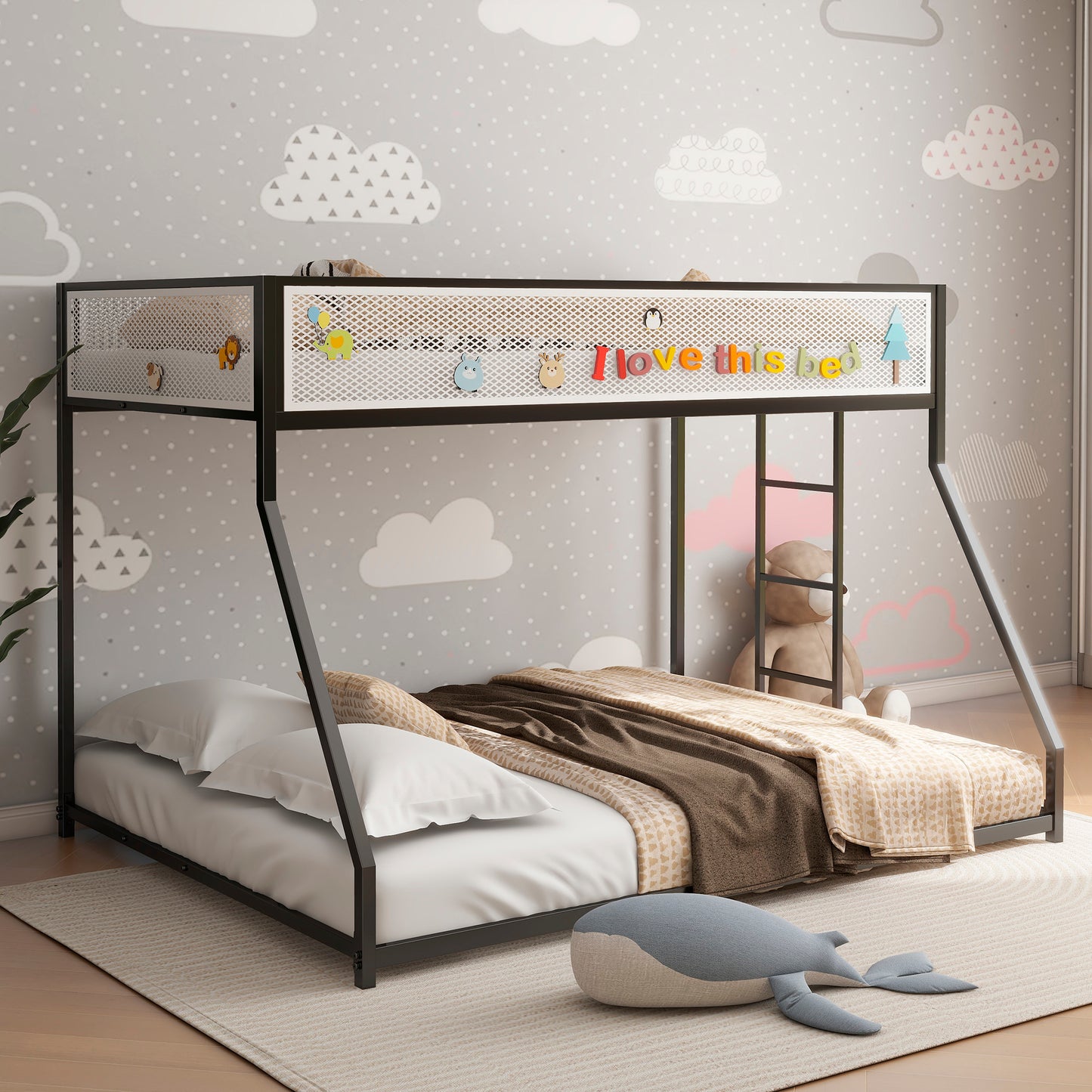 BTMWAY Metal Twin Over Full Bunk Bed with Removable Ladder, Heavy Duty Frame with White Mesh Guardrails, Noise-Free Design, No Box Spring Needed, Sturdy & Durable for Kids, Teens, and Adults, Black