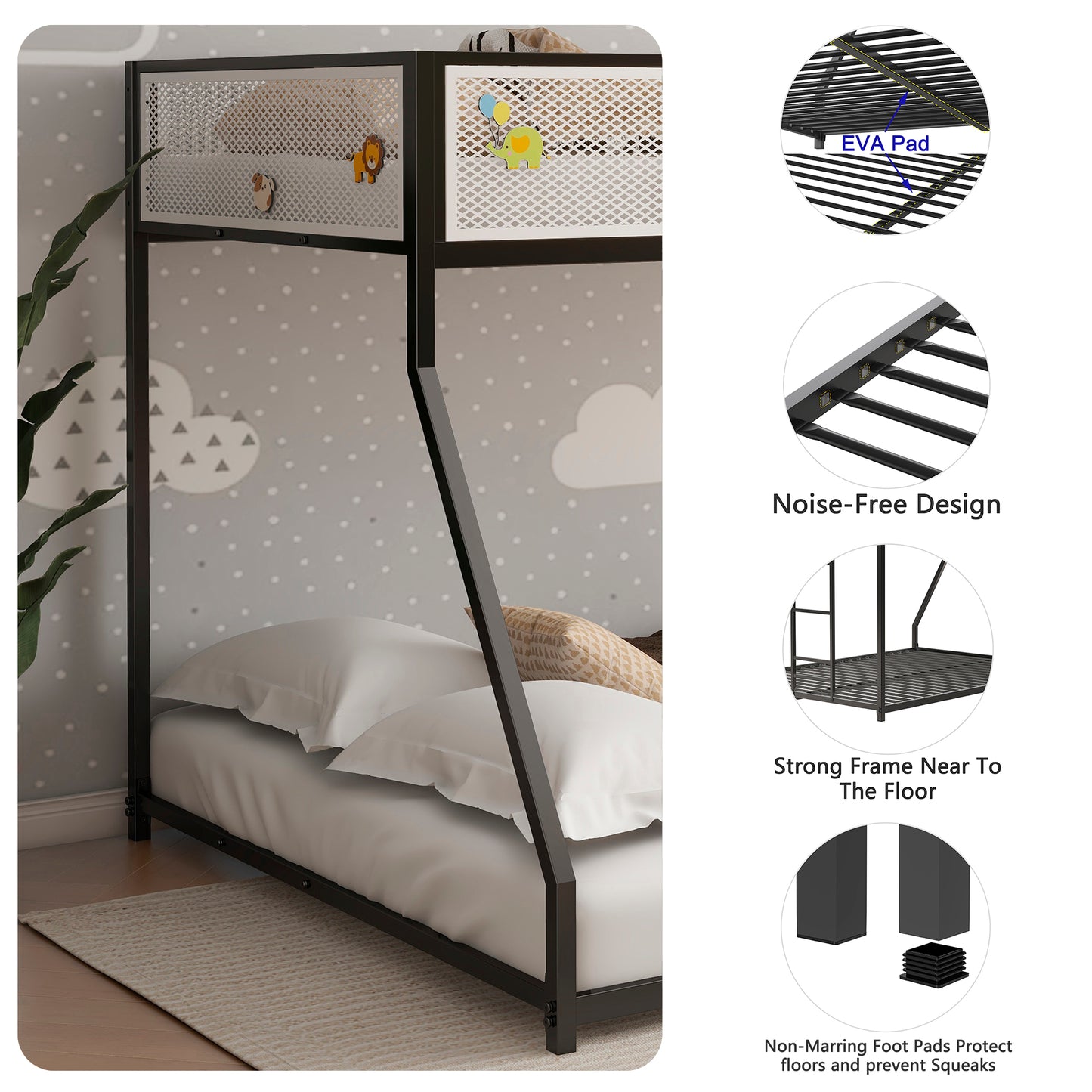 BTMWAY Metal Twin Over Full Bunk Bed with Removable Ladder, Heavy Duty Frame with White Mesh Guardrails, Noise-Free Design, No Box Spring Needed, Sturdy & Durable for Kids, Teens, and Adults, Black