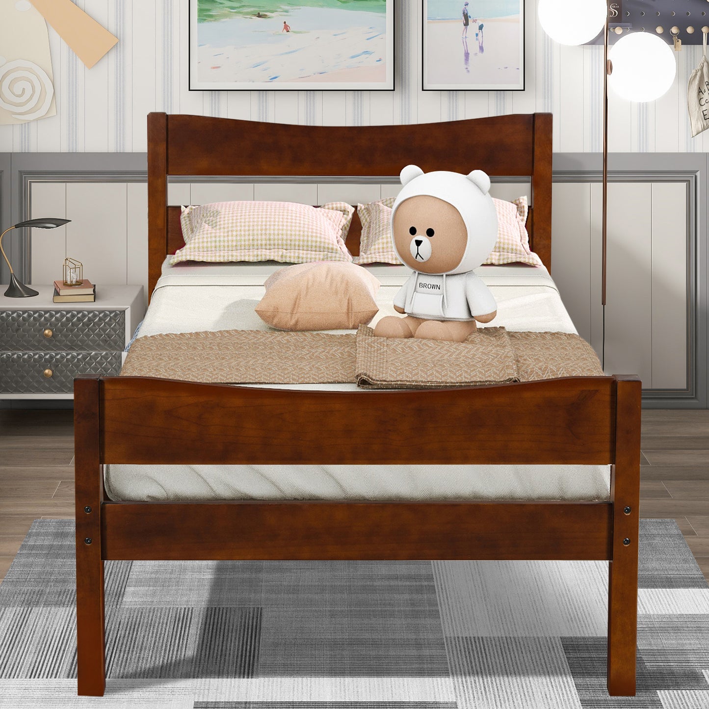 BTMWAY Wood Twin Bed Frame for Kids, Solid Wood Platform Bed Frame with Headboard and Footboard, LJC