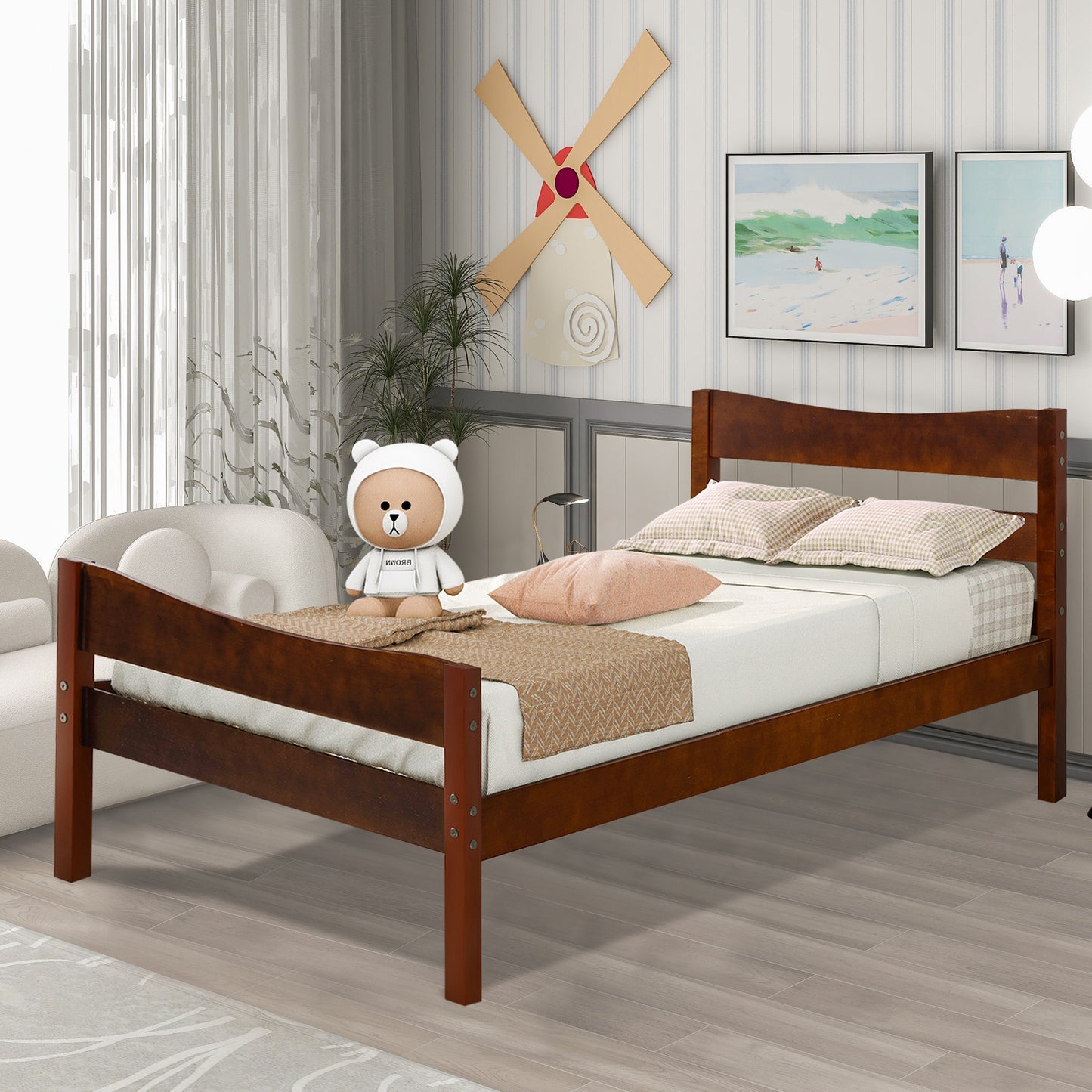 BTMWAY Wood Twin Bed Frame for Kids, Solid Wood Platform Bed Frame with Headboard and Footboard, LJC