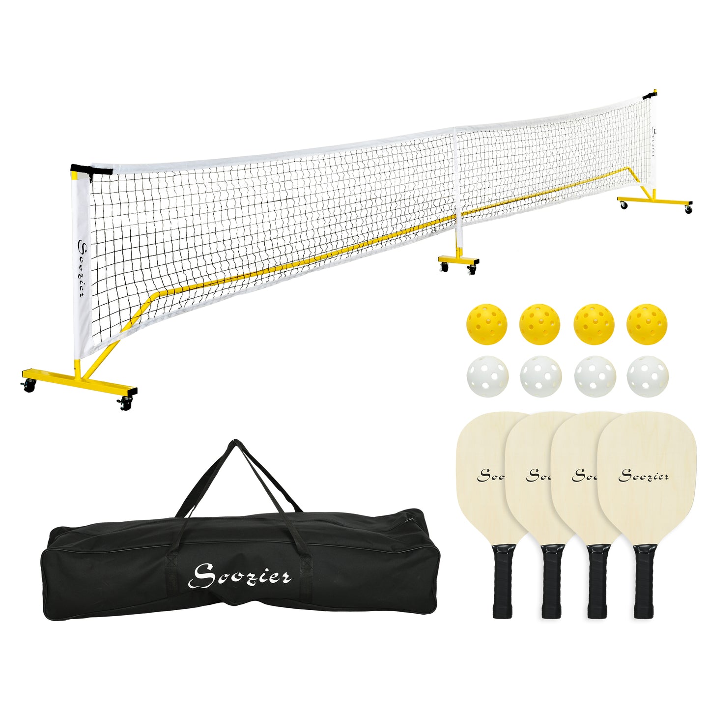 BTMWAY Soozier Pickleball Set with Net, Court Markers and Wheels, 22FT Portable Pickleball Net for Driveway with 4 Pickleball Paddles, 8 Pickleballs and 1 Carry Bag