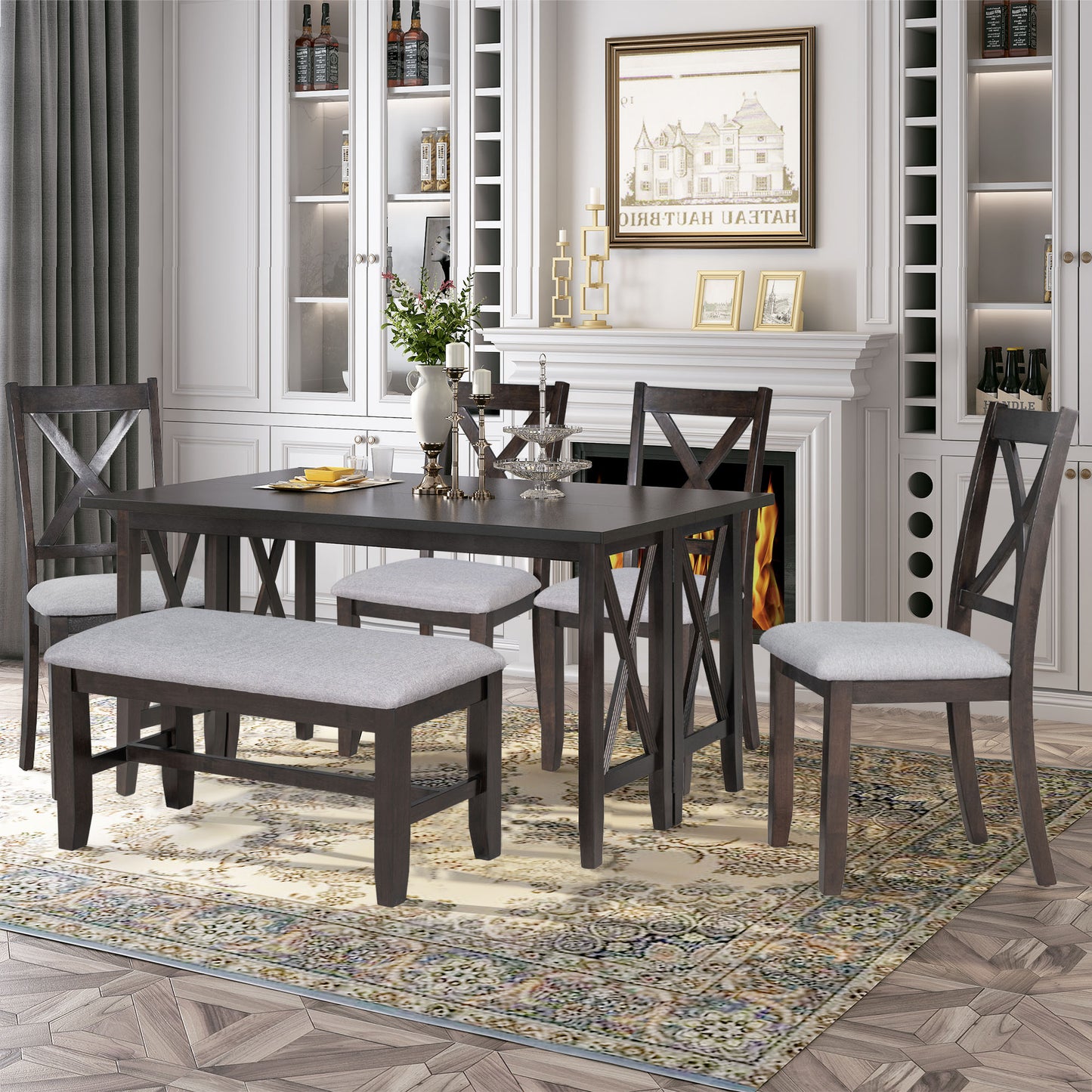 BTMWAY 6 Piece Dining Table Set with Bench